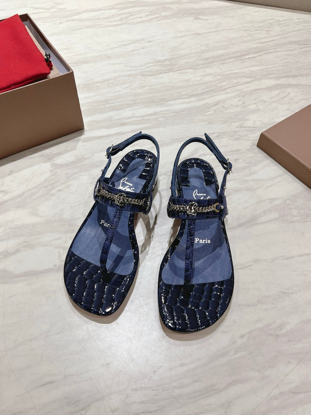 THONG SANDALS SLINGBACK 25MM IN SNAKE-EFFECT DARK BLUE CALFSKIN