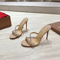 CRYSTAL GLITTER CRISS-CROSS STRAP SANDALS IN BEIGE CALFSKIN