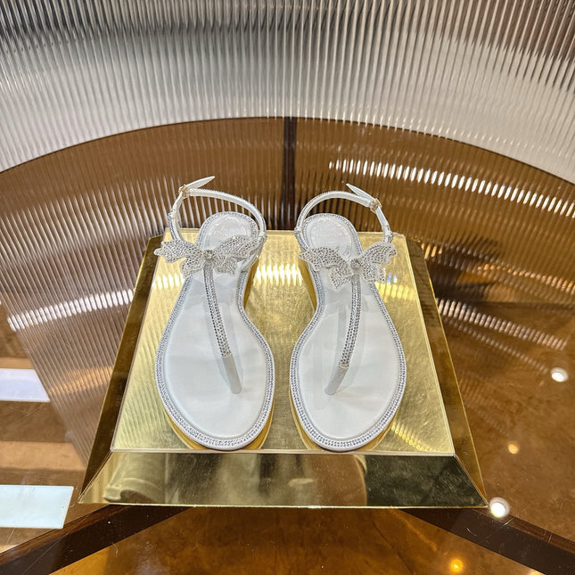 RENE CAOVILLA 26S BUTTERFLY THONG SANDALS IN SILVER & WHITE LAMBSKIN