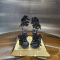 RENE CAOVILLA 26S FLORIANE HIGH HEELS 95 MM IN BLACK LAMBSKIN FLOWER EMBELLISHED STRAP