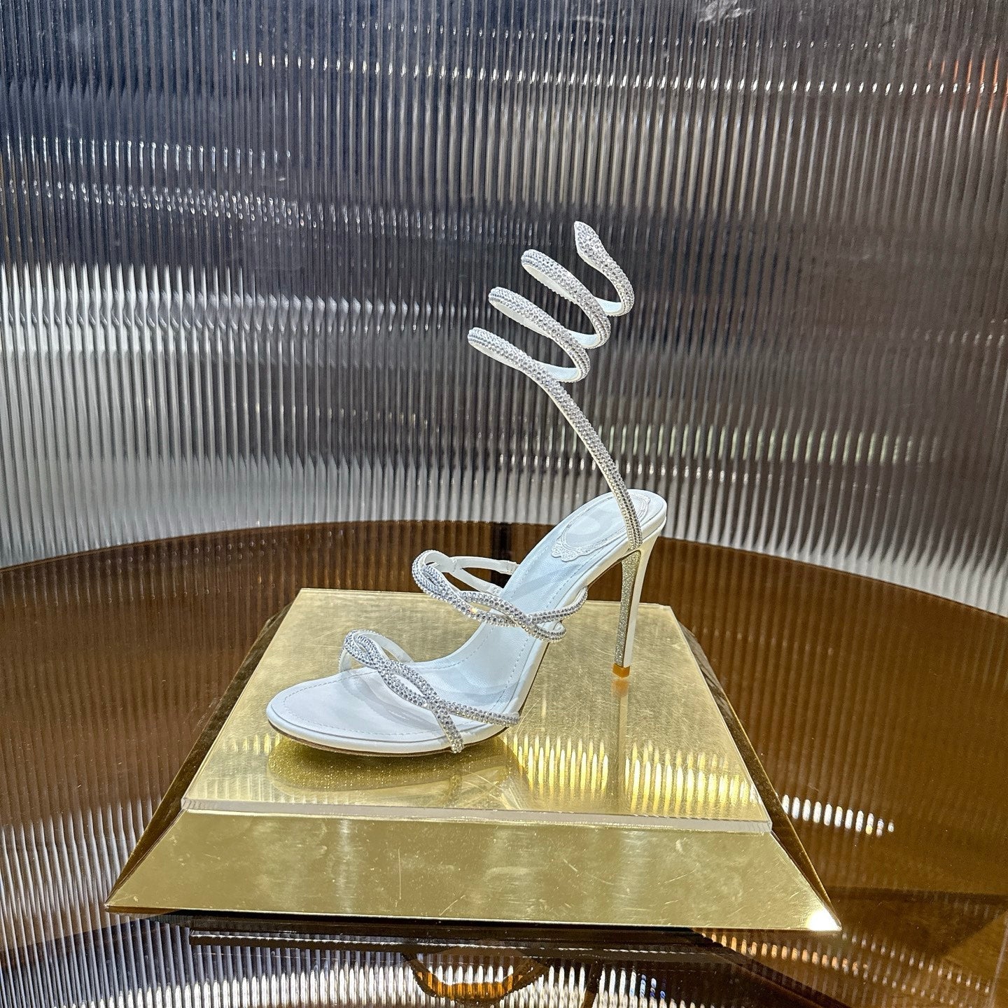 RENE CAOVILLA 26S CRYSTAL WRAP HEELS 95 MM IN WHITE LAMBSKIN