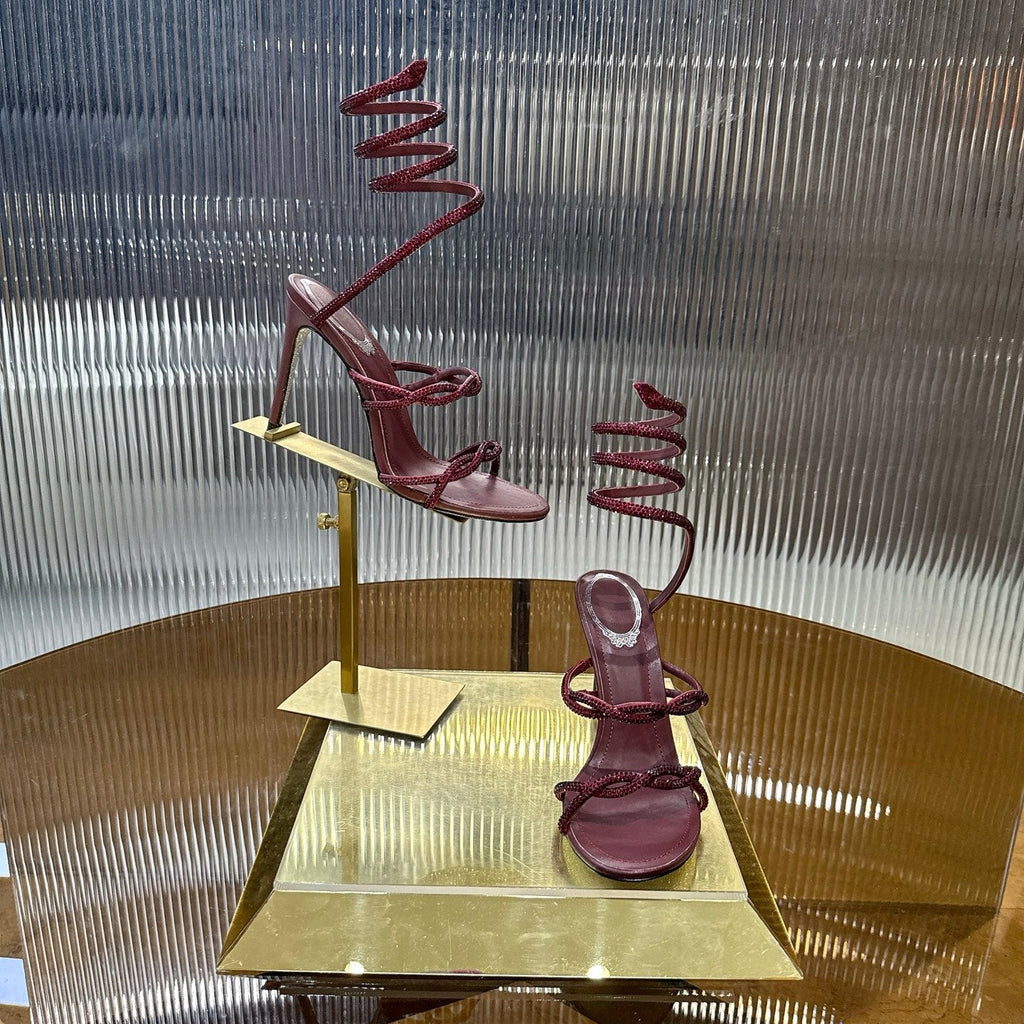 RENE CAOVILLA 26S CRYSTAL WRAP HEELS 95 MM IN DARK RED LAMBSKIN