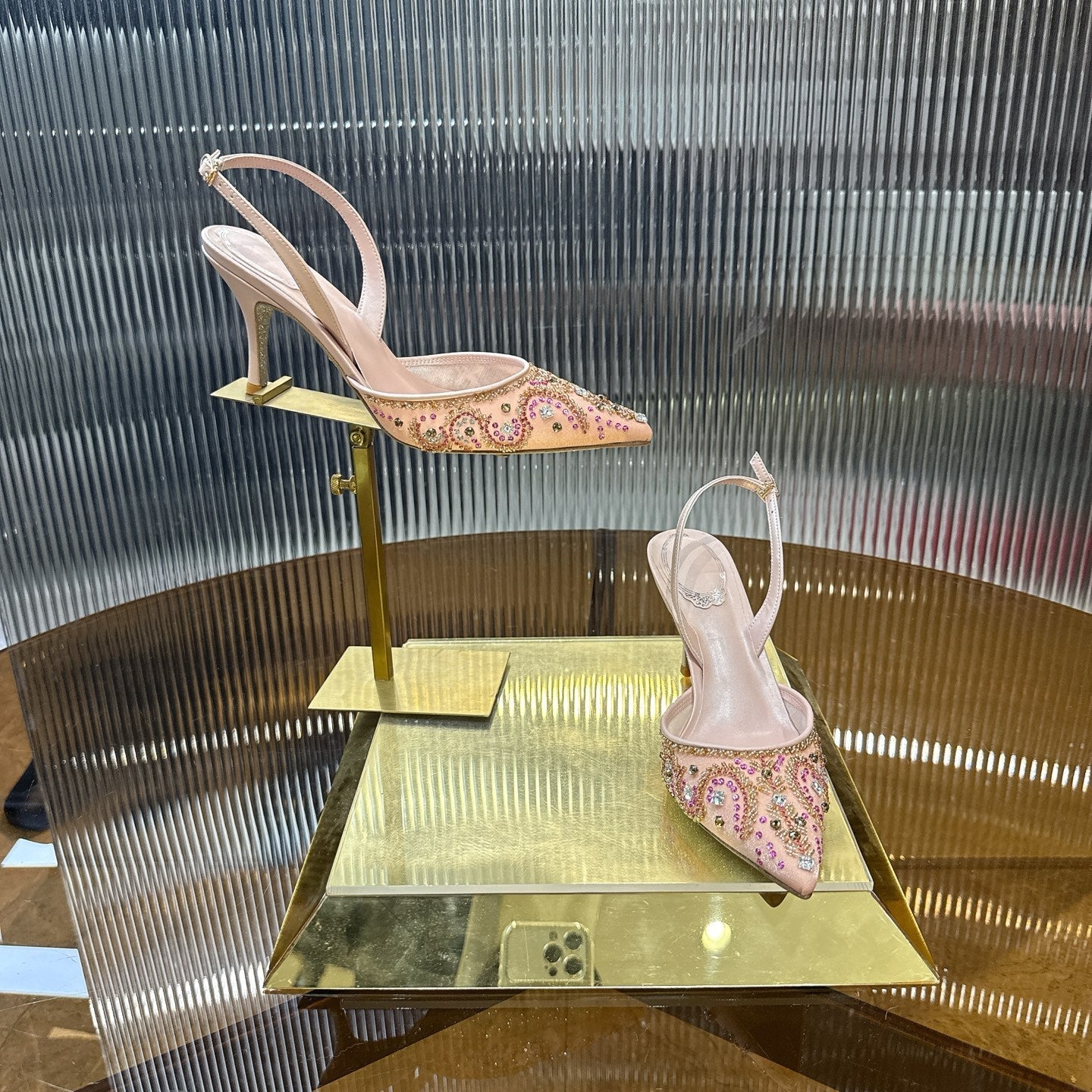 RENE CAOVILLA 26S SLINGBACK HIGH HEELS 75 MM IN PASTEL PINK BEADED EMBELLISHED