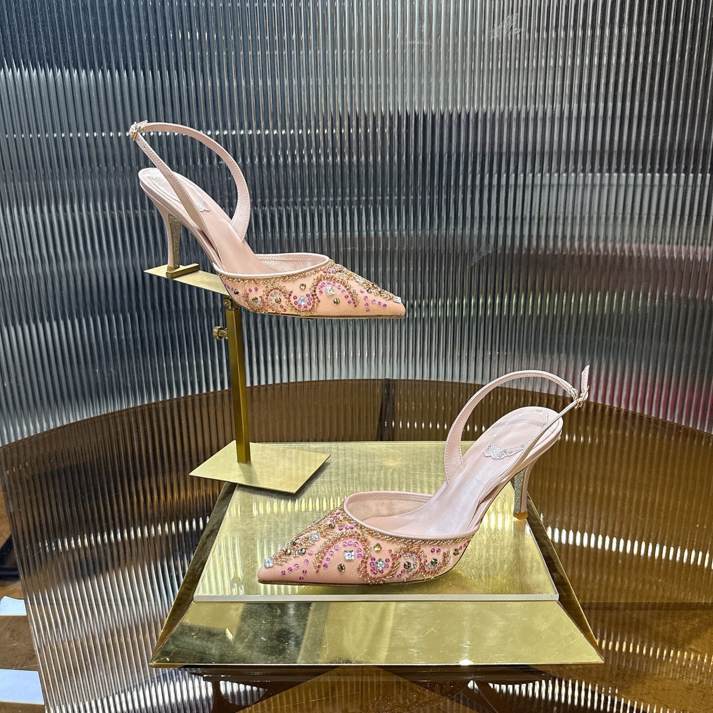 RENE CAOVILLA 26S SLINGBACK HIGH HEELS 75 MM IN PASTEL PINK BEADED EMBELLISHED