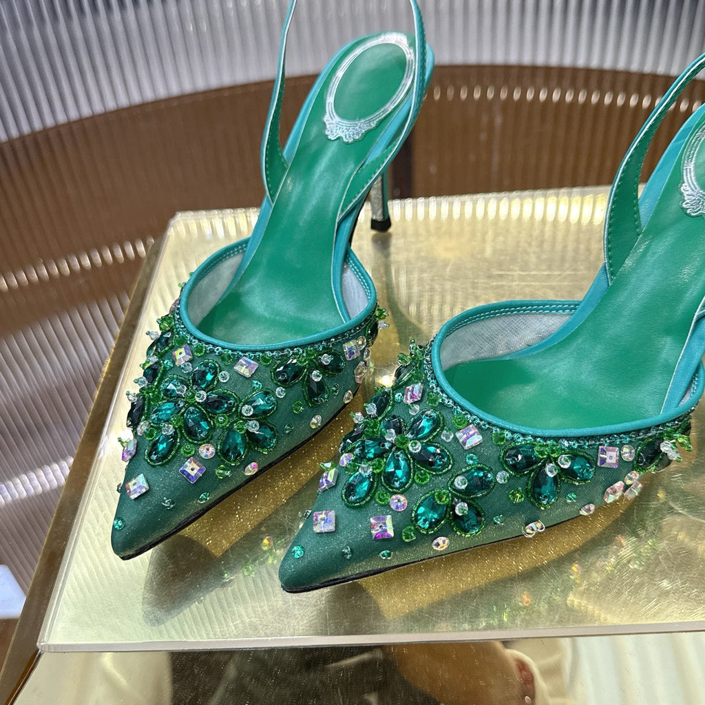 RENE CAOVILLA 26S SLINGBACK HIGH HEELS 75 MM IN GREEN CRYSTAL EMBELLISHED