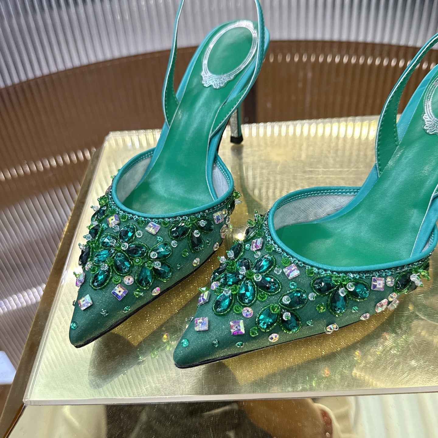 RENE CAOVILLA 26S SLINGBACK HIGH HEELS 75 MM IN GREEN CRYSTAL EMBELLISHED