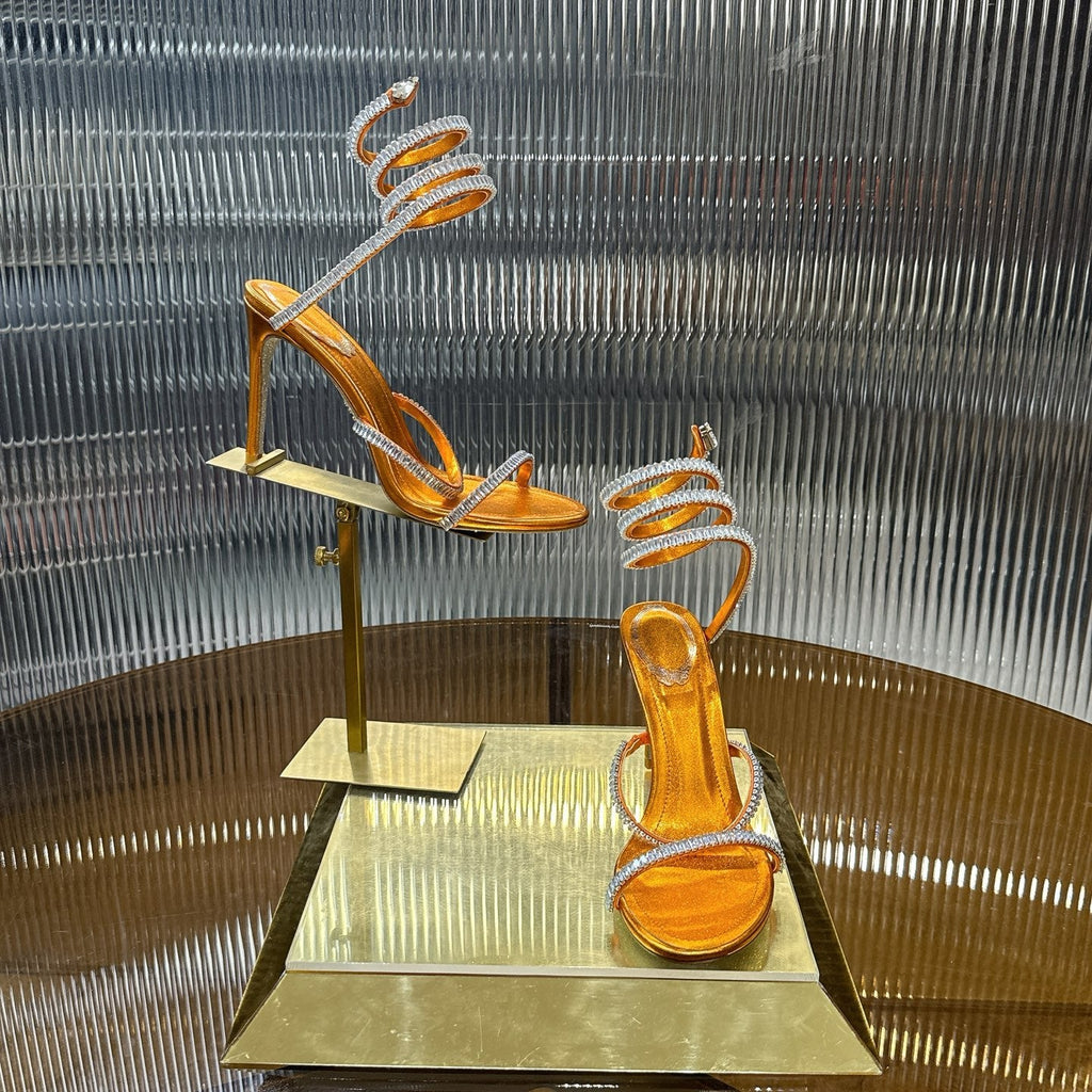 RENE CAOVILLA 26S STILETTO SANDALS 95 MM IN DARK ORANGE LAMBSKIN
