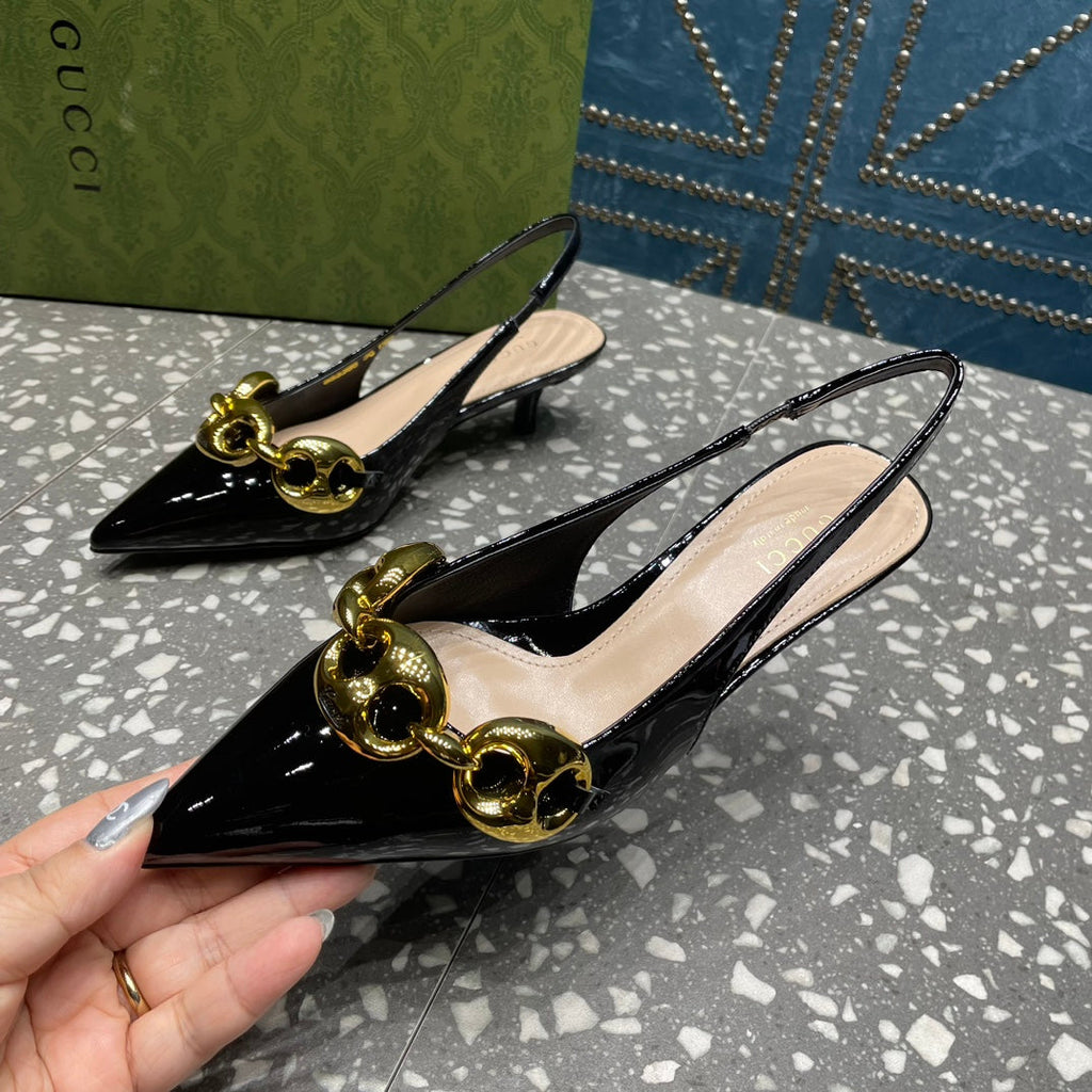 WOMEN'S SLINGBACK 45MM IN BLACK CALFSKIN WITH GOLD HARDWARE