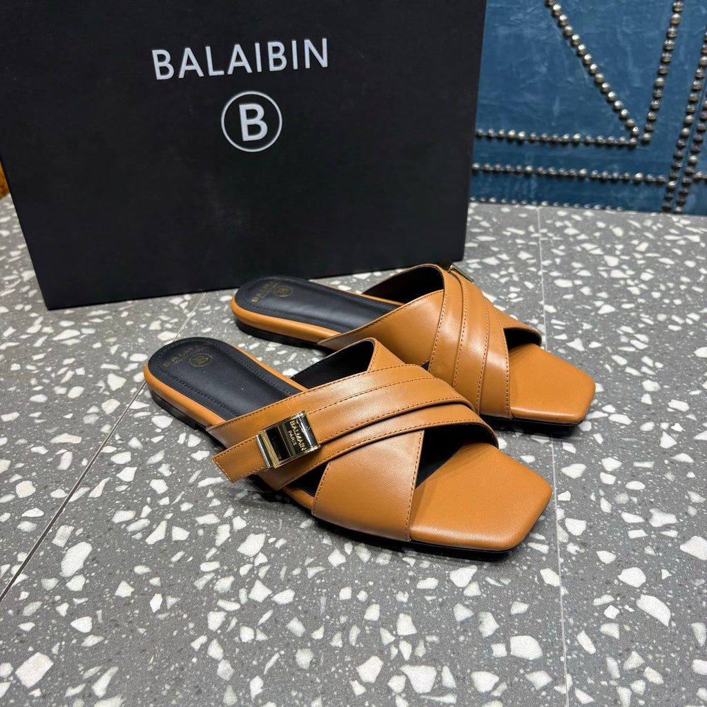 BALMAIN 26S CROSS-STRAP SLIDES IN BROWN CALFSKIN