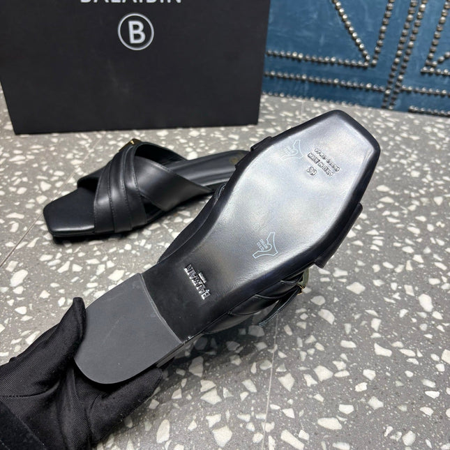 BALMAIN 26S CROSS-STRAP SLIDES IN BLACK CALFSKIN