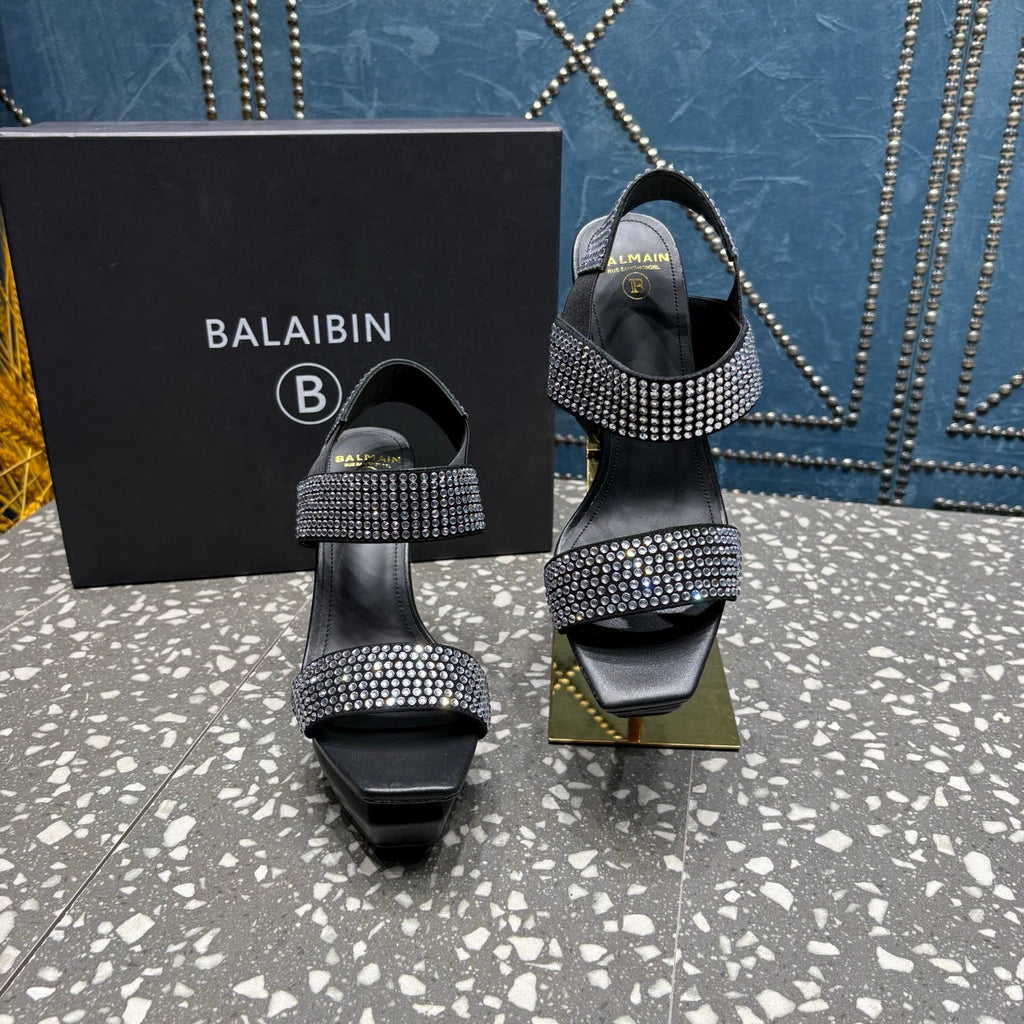 BALMAIN 26S HIGH-HEELED SANDALS 105 MM IN BLACK CALFSKIN WITH SILVER STONE EMBELLISHED
