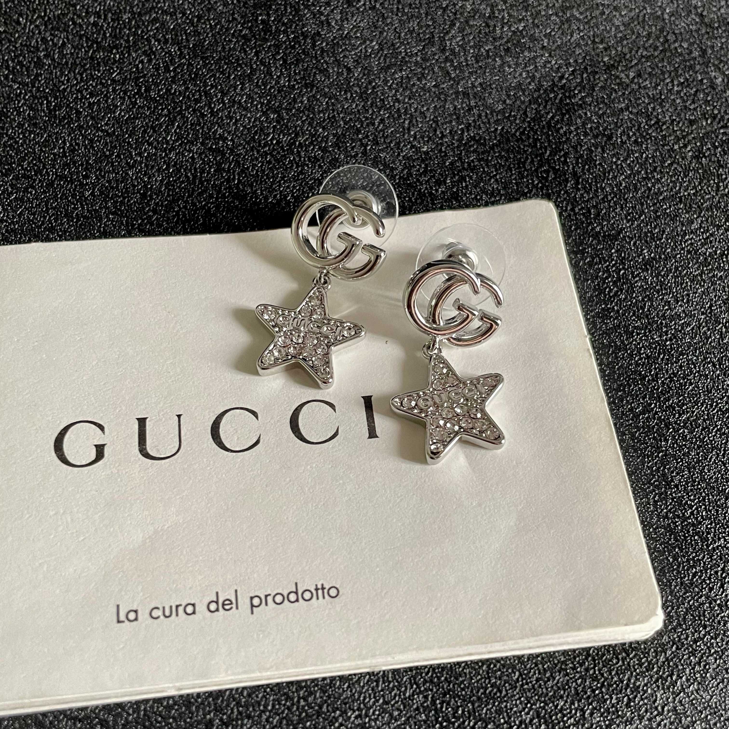 GUCCI 26S DOUBLE G STAR CRYSTAL DROP EARRINGS IN SILVER TONE METAL 627016