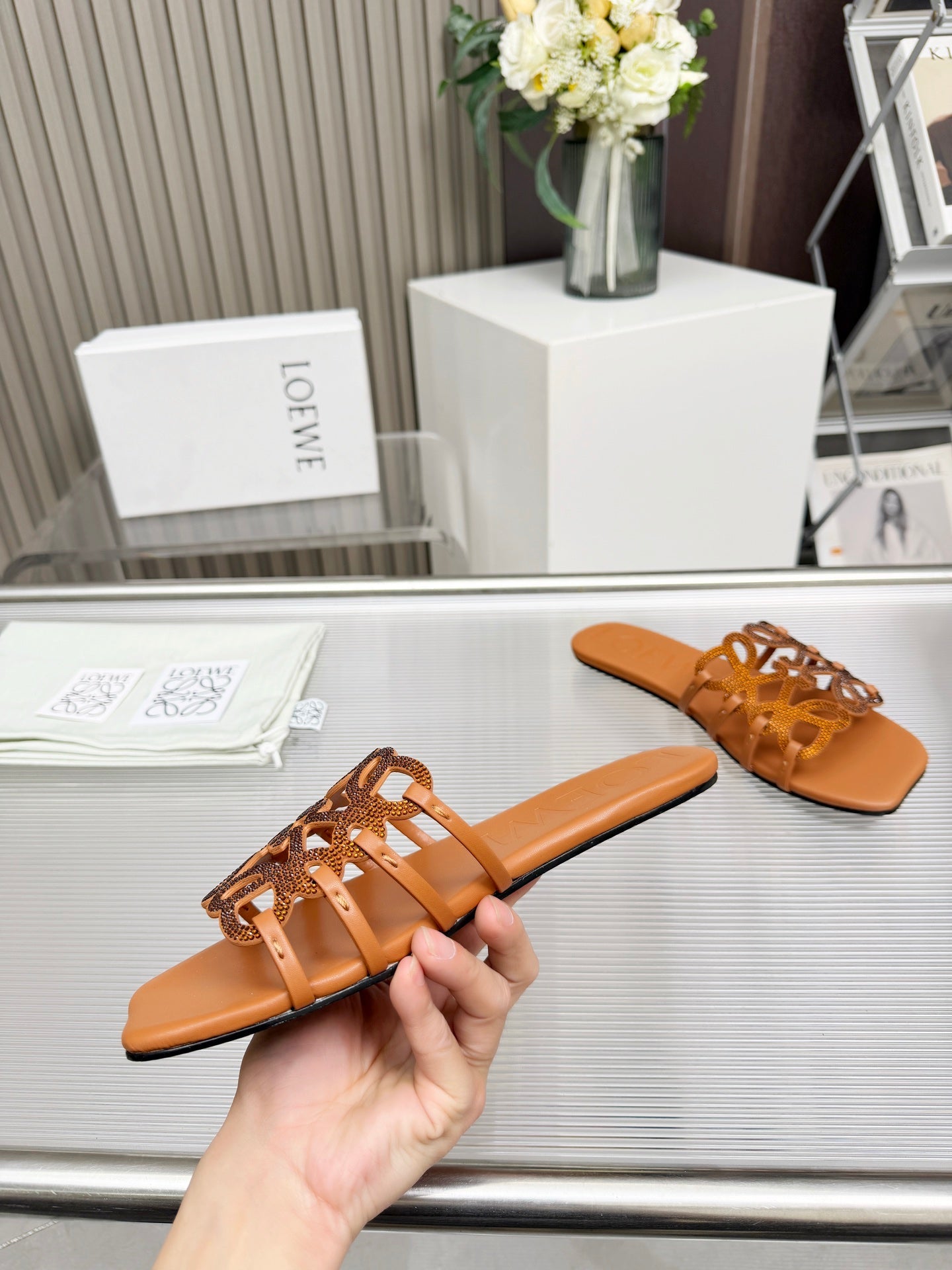 LOEWE 26S FLAT SANDALS IN BURNT ORANGE CALFSKIN WITH CRYSTALS