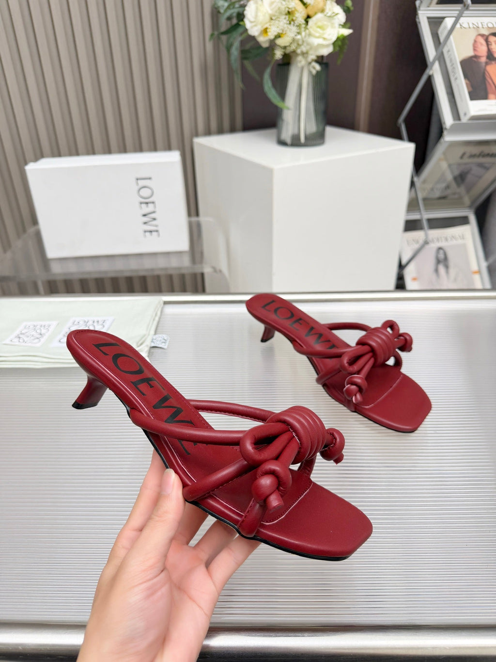 LOEWE 26S KITTEN HEEL KNOT SANDALS 45MM IN BURGUNDY RED CALFSKIN