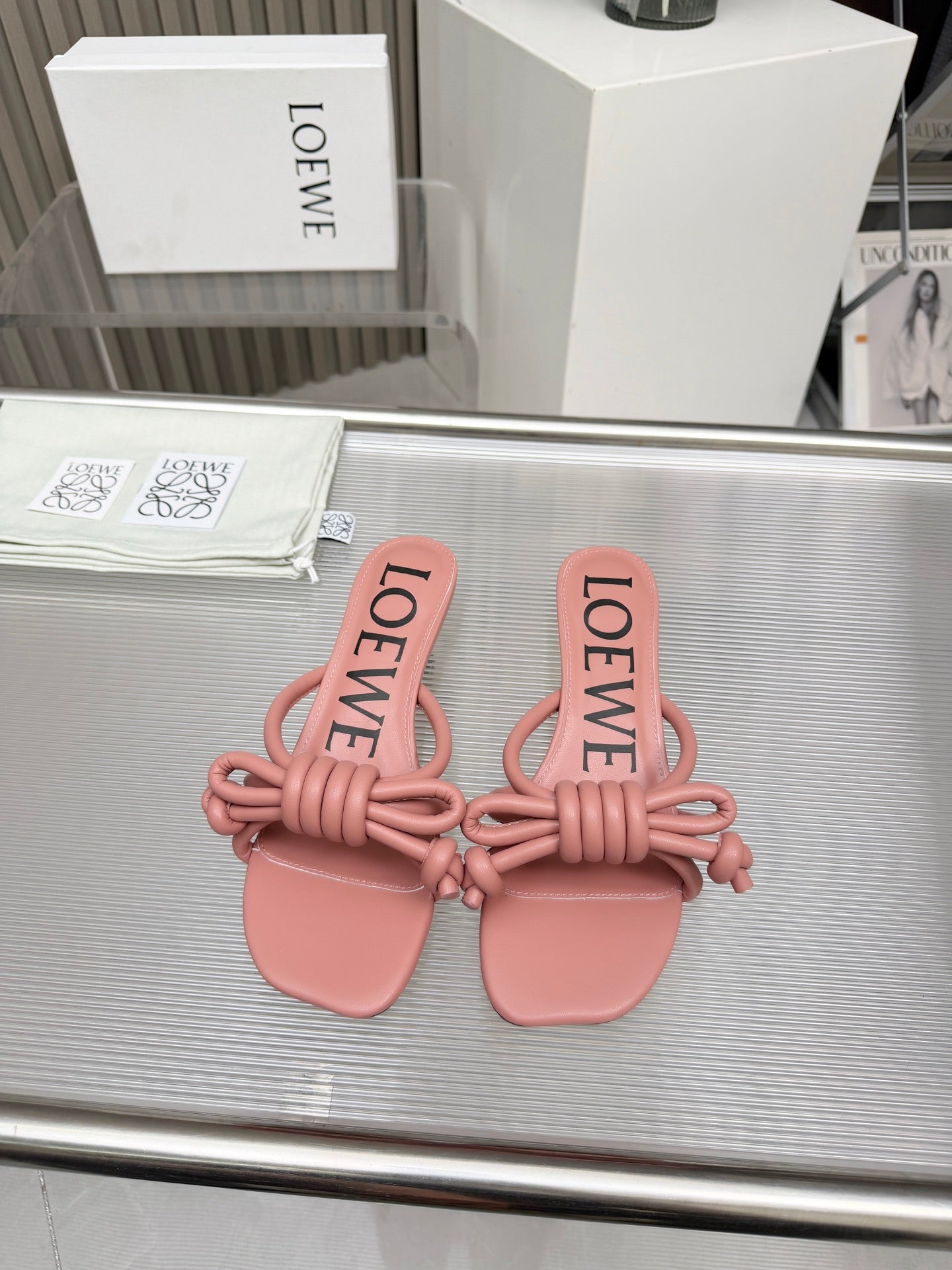 LOEWE 26S KITTEN HEEL KNOT SANDALS 45MM IN PINK CALFSKIN