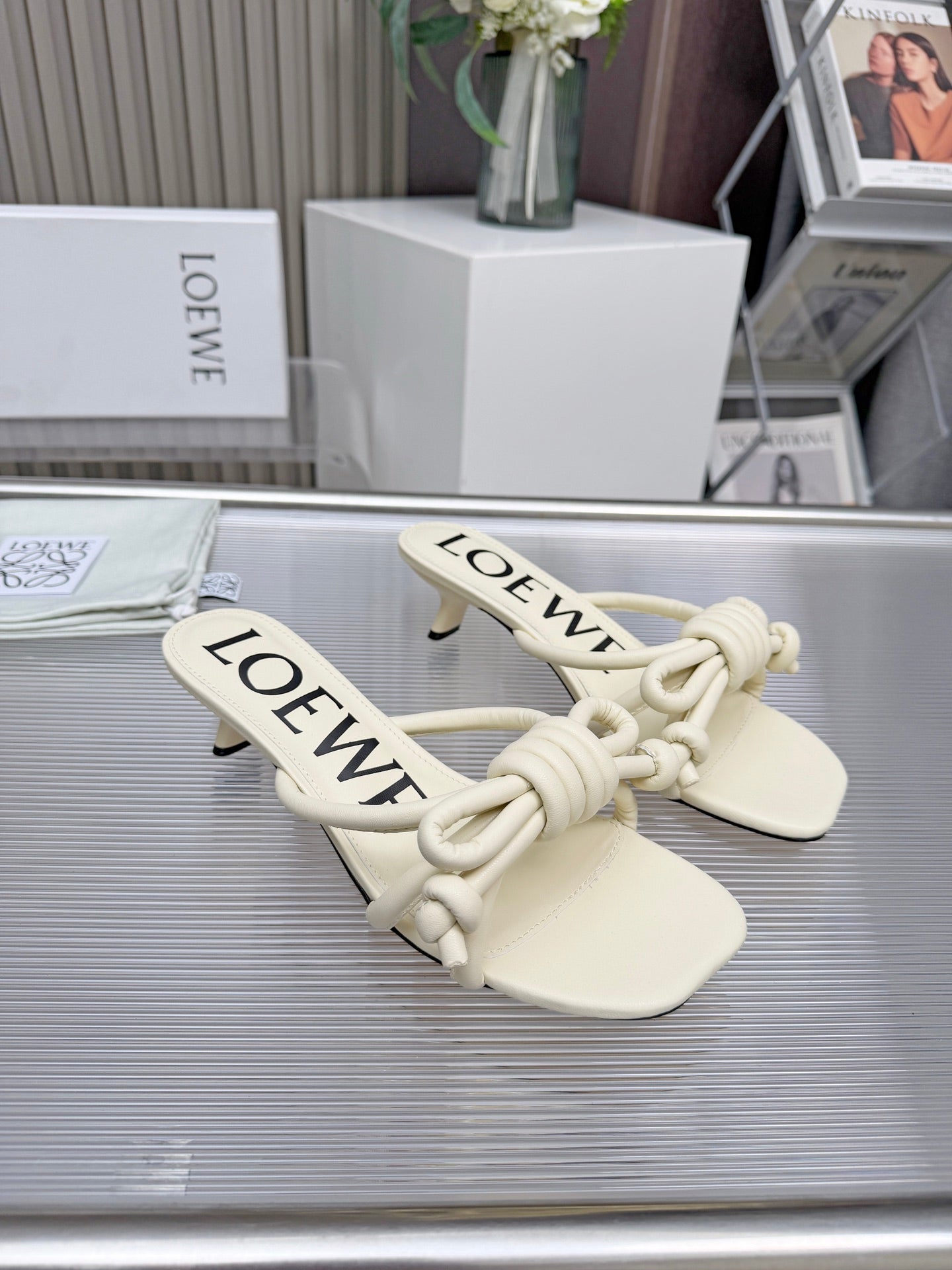 LOEWE 26S KITTEN HEEL KNOT SANDALS 45MM IN CREAM WHITE CALFSKIN