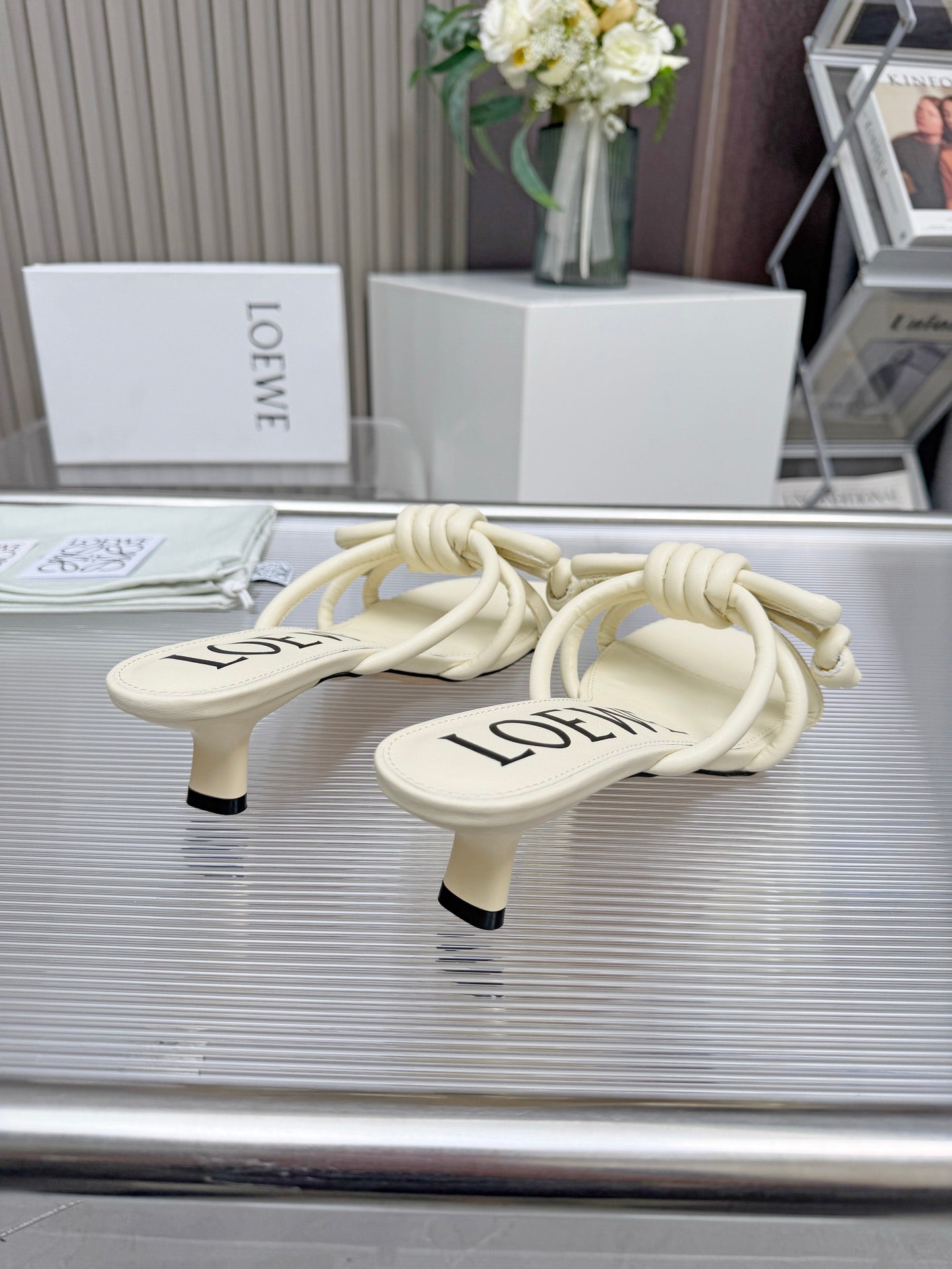 LOEWE 26S KITTEN HEEL KNOT SANDALS 45MM IN CREAM WHITE CALFSKIN