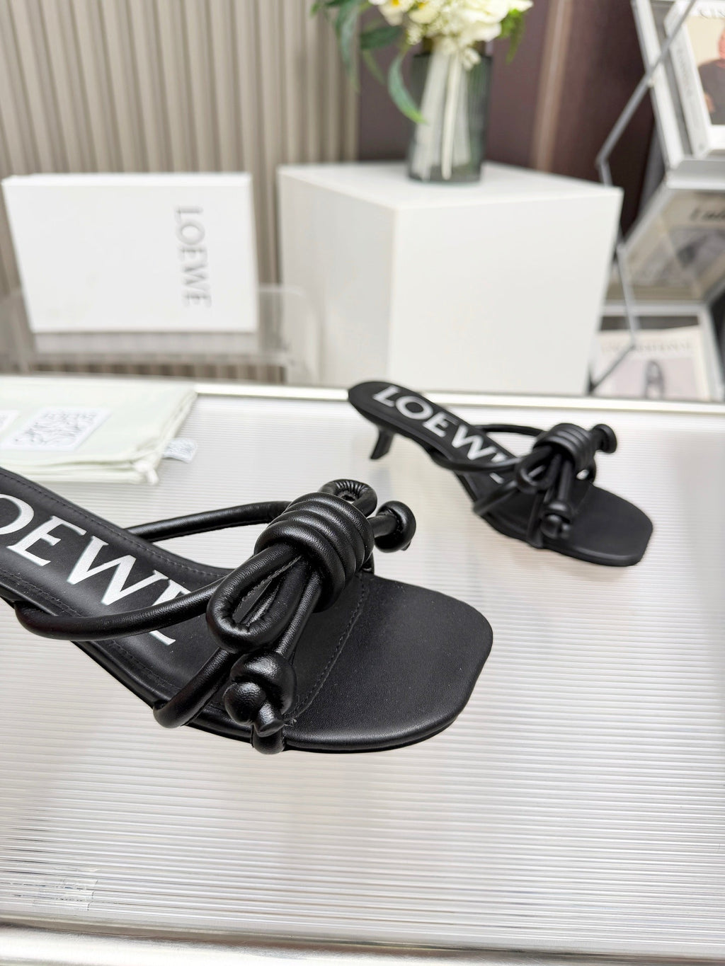 LOEWE 26S KITTEN HEEL KNOT SANDALS 45MM IN BLACK CALFSKIN