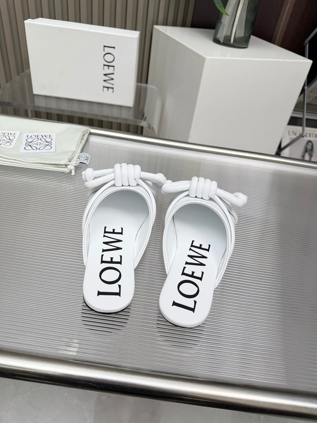 LOEWE 26S MULE LOAFERS IN WHITE CALFSKIN KNOT DETAIL