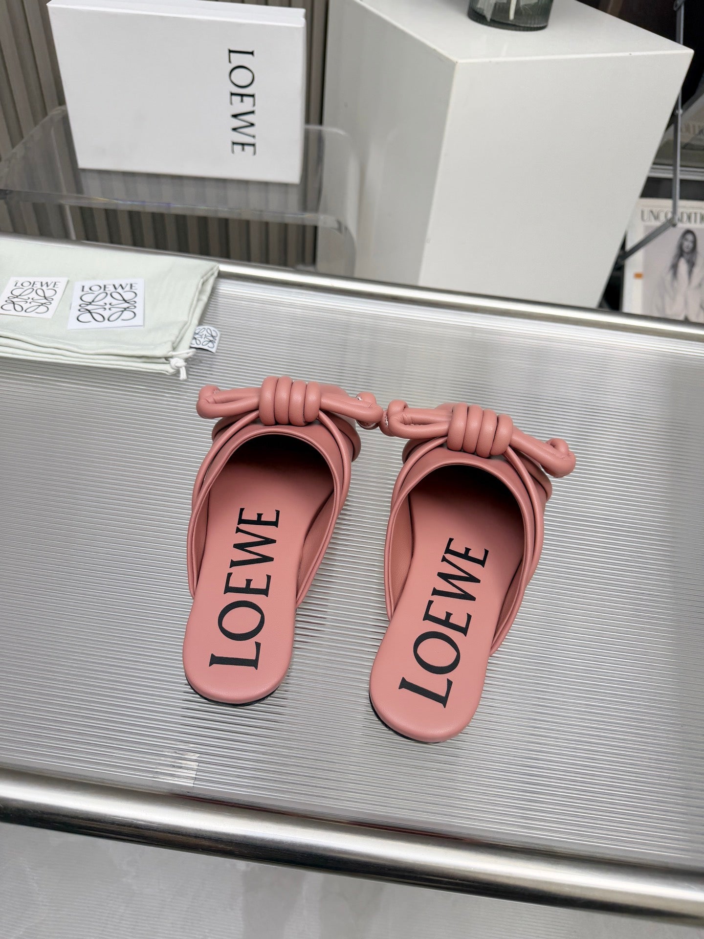 LOEWE 26S MULE LOAFERS IN PINK CALFSKIN KNOT DETAIL