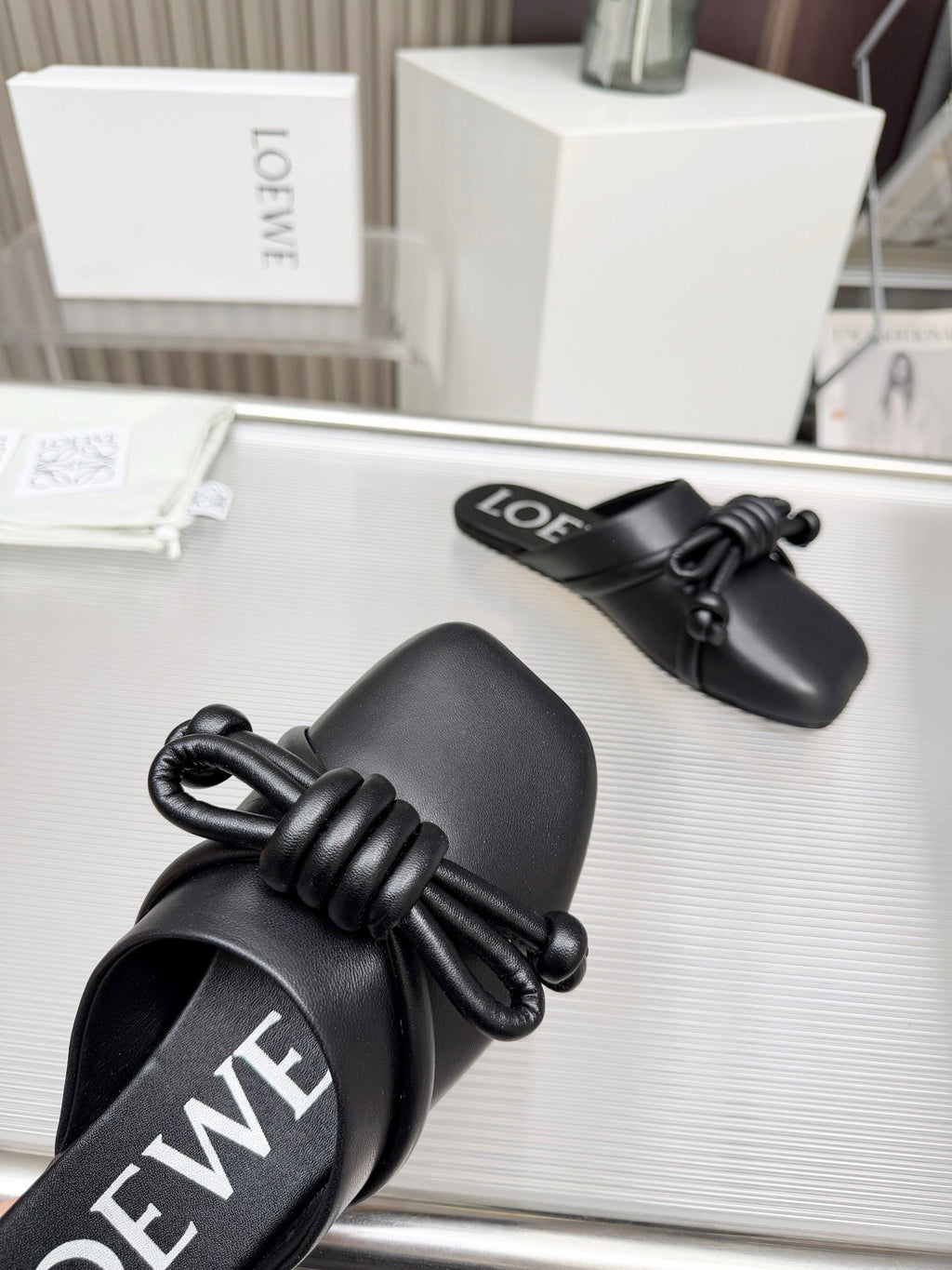 LOEWE 26S MULE LOAFERS IN BLACK CALFSKIN KNOT DETAIL