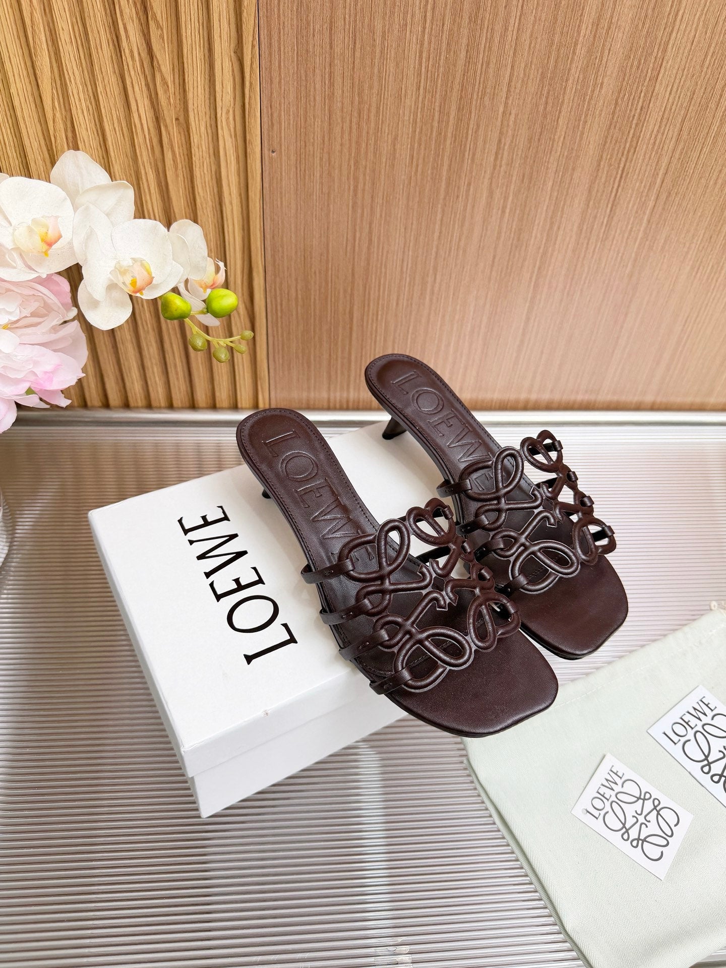 LOEWE 26S PETAL ANAGRAM KITTEN HEEL SANDALS 45MM IN DARK BROWN SOFT CALFSKIN