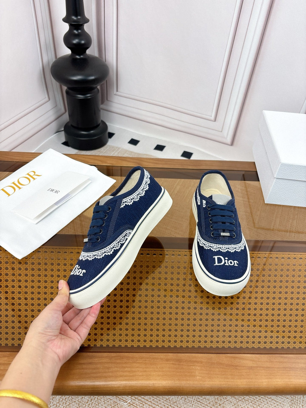 DIOR 26S LOW TOP SNEAKERS IN NAVY BLUE CANVAS WITH WHITE LACE TRIM & LOGO PRINT