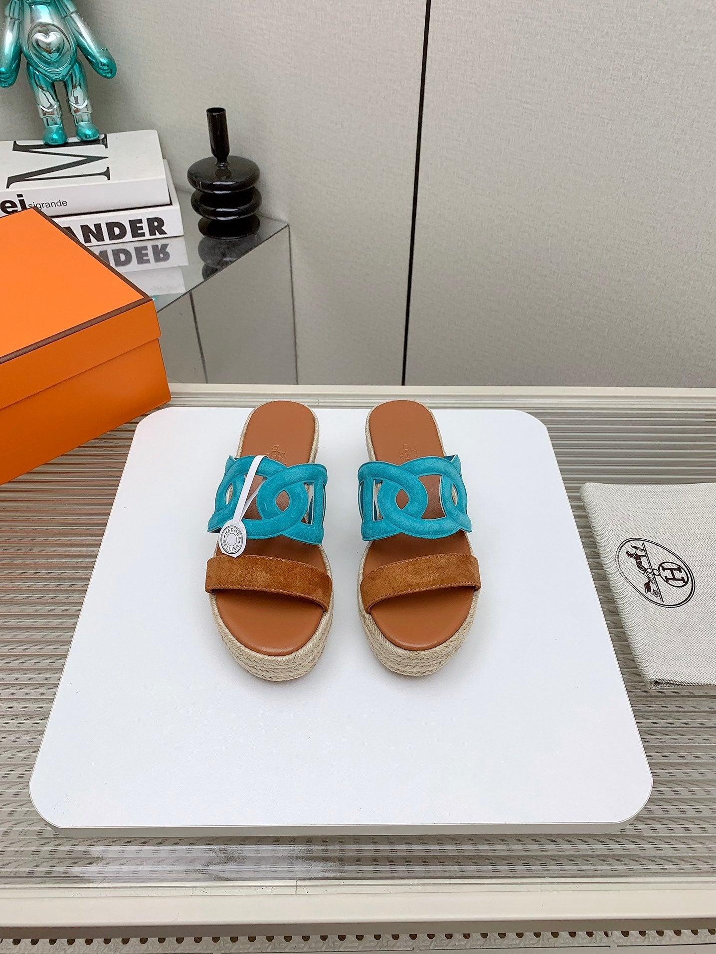 ITHEA 85 MM ESPADRILLE IN BRONZE BROWN AND CERULEAN BLUE SUEDE