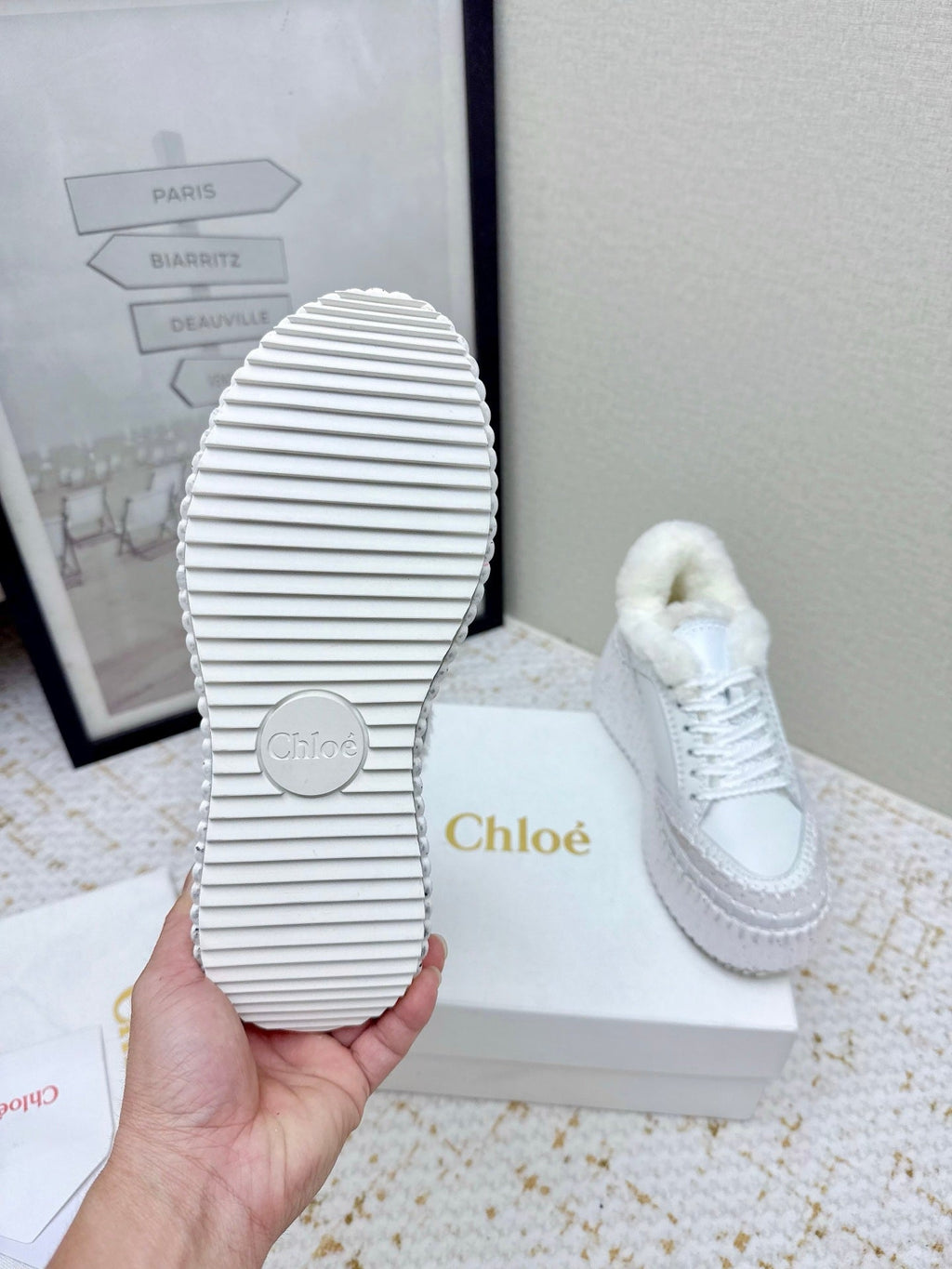 CHLOÉ 26S WEDGE SOLE SNEAKERS IN WHITE CALFSKIN