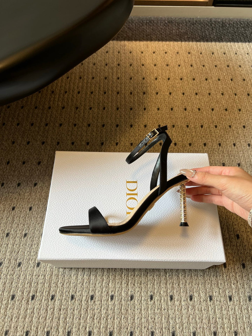 DIOR 26S CRYSTAL HIGH-HEEL SANDALS 80 MM IN BLACK LAMBSKIN AND FABRIC