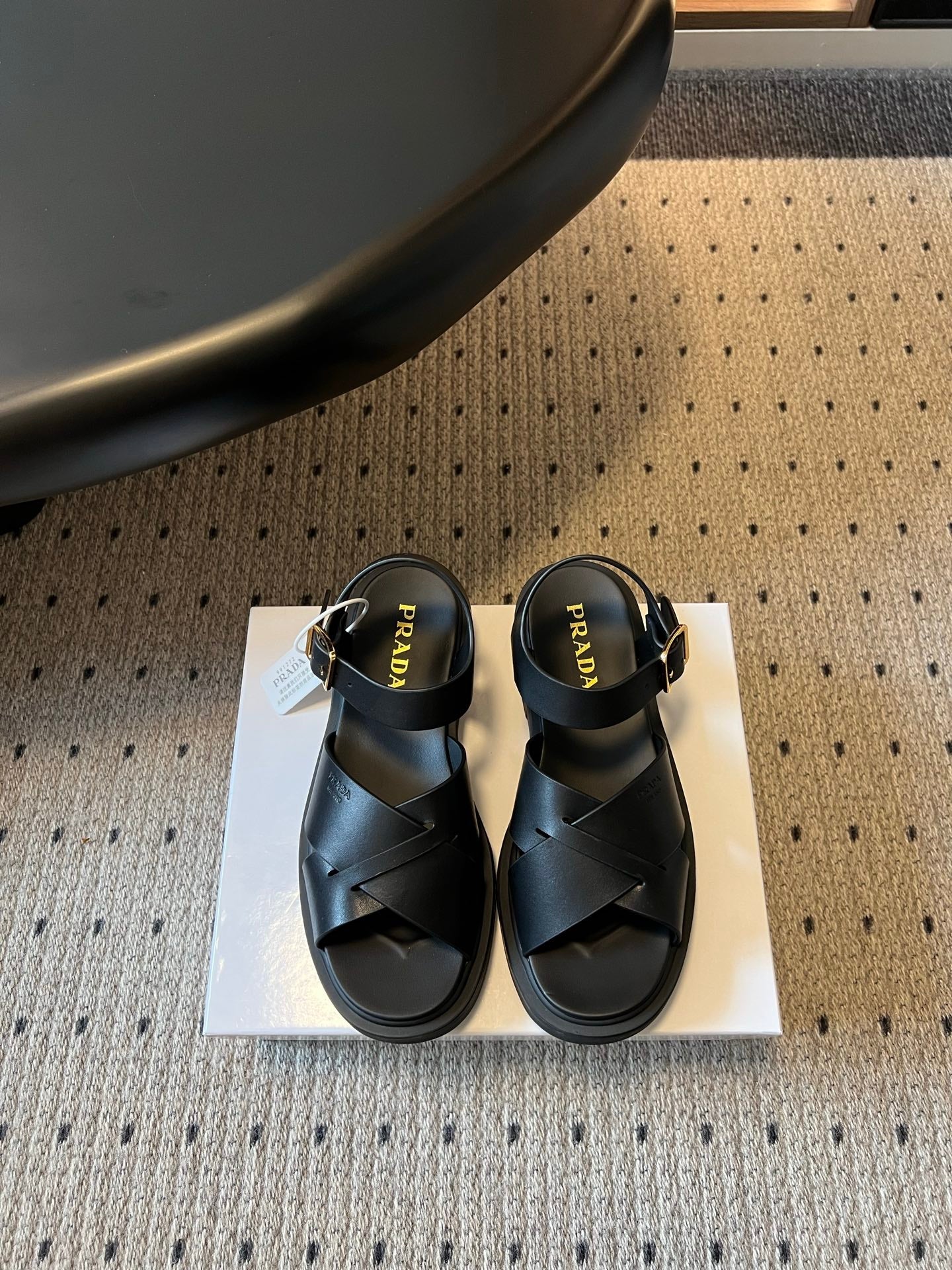 PRADA 26S CROSS STRAP PLATFORM SANDALS 35MM IN BLACK CALFSKIN