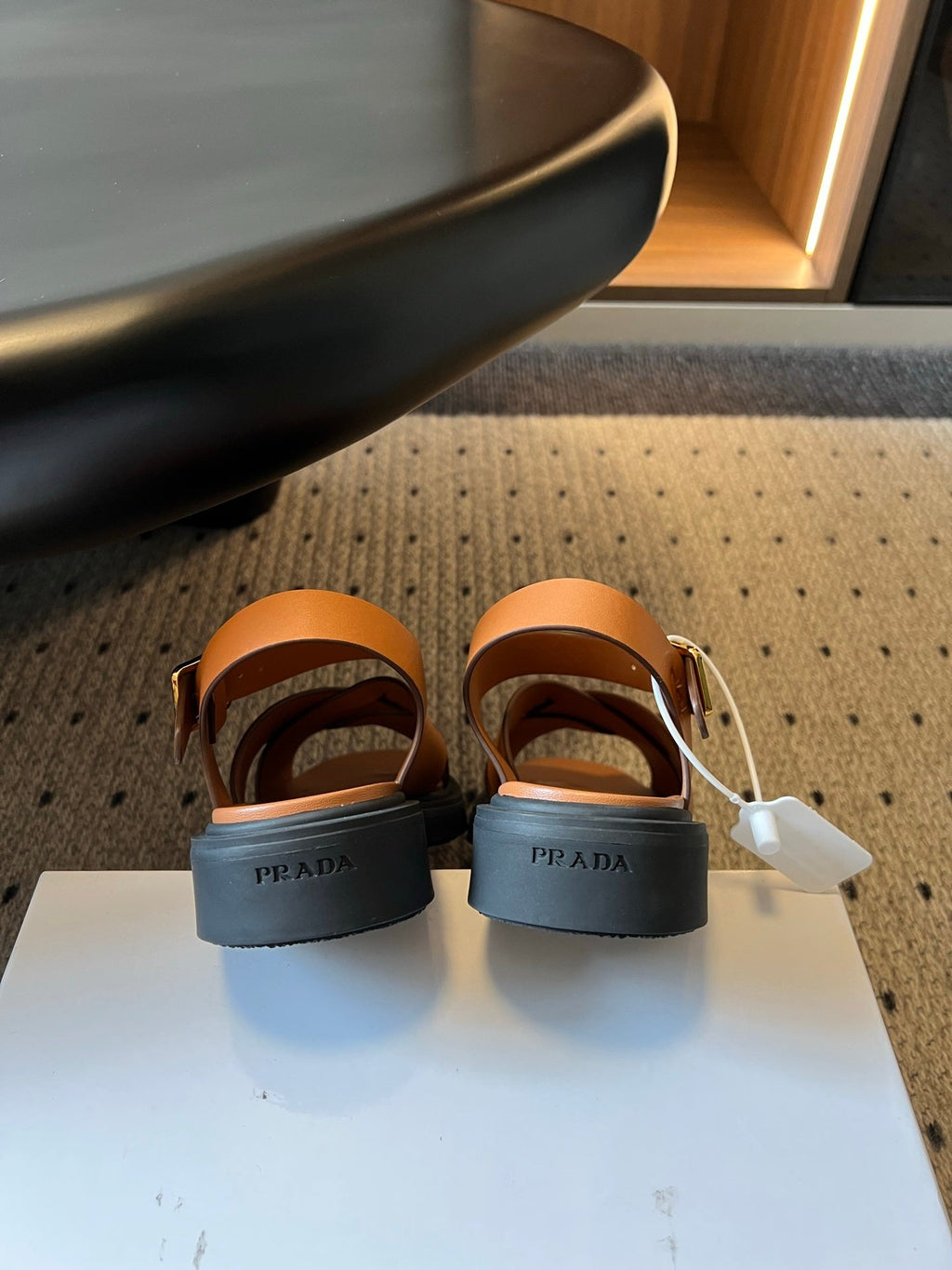 PRADA 26S CROSS STRAP PLATFORM SANDALS 35MM IN BROWN CALFSKIN
