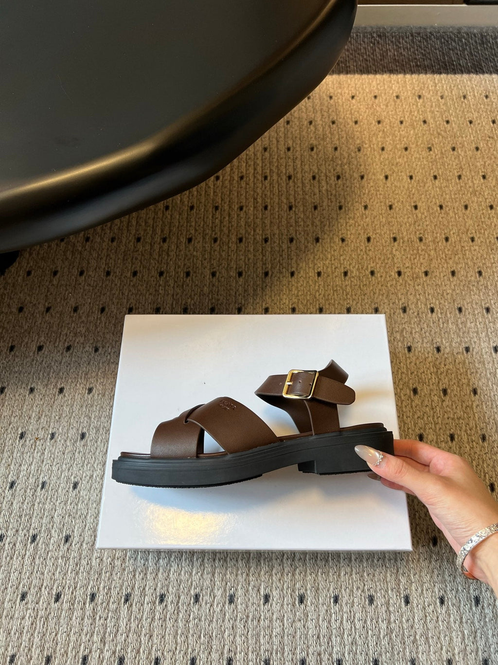 PRADA 26S CROSS STRAP PLATFORM SANDALS 35MM IN DARK BROWN CALFSKIN