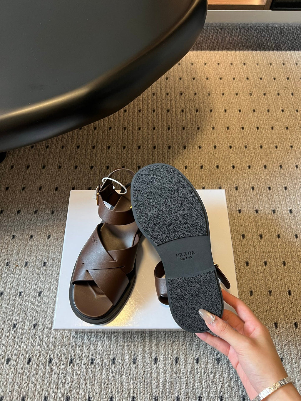 PRADA 26S CROSS STRAP PLATFORM SANDALS 35MM IN DARK BROWN CALFSKIN