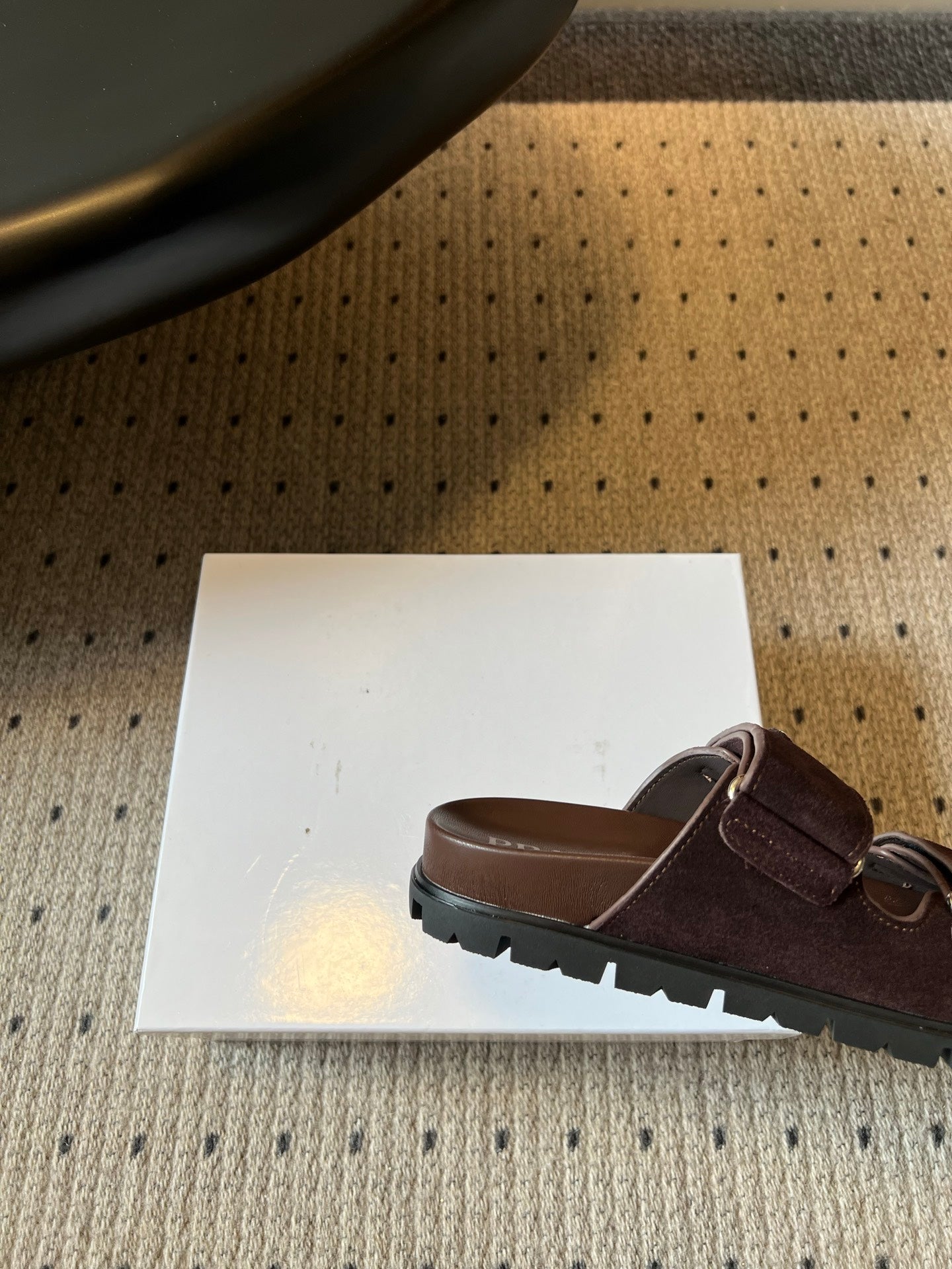 PRADA 26S DOUBLE STRAP SLIDES 35MM IN DARK BROWN SUEDE