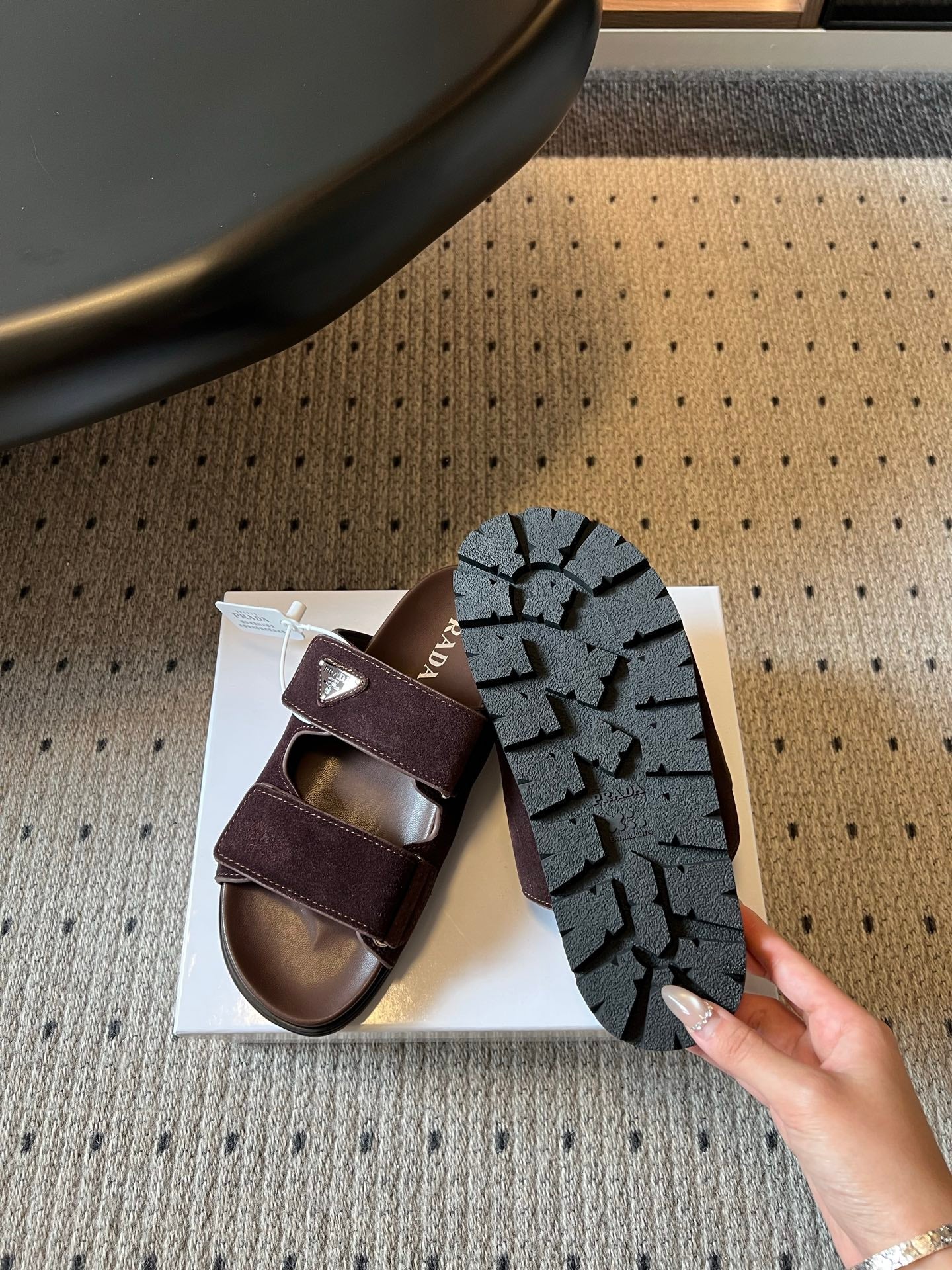 PRADA 26S DOUBLE STRAP SLIDES 35MM IN DARK BROWN SUEDE