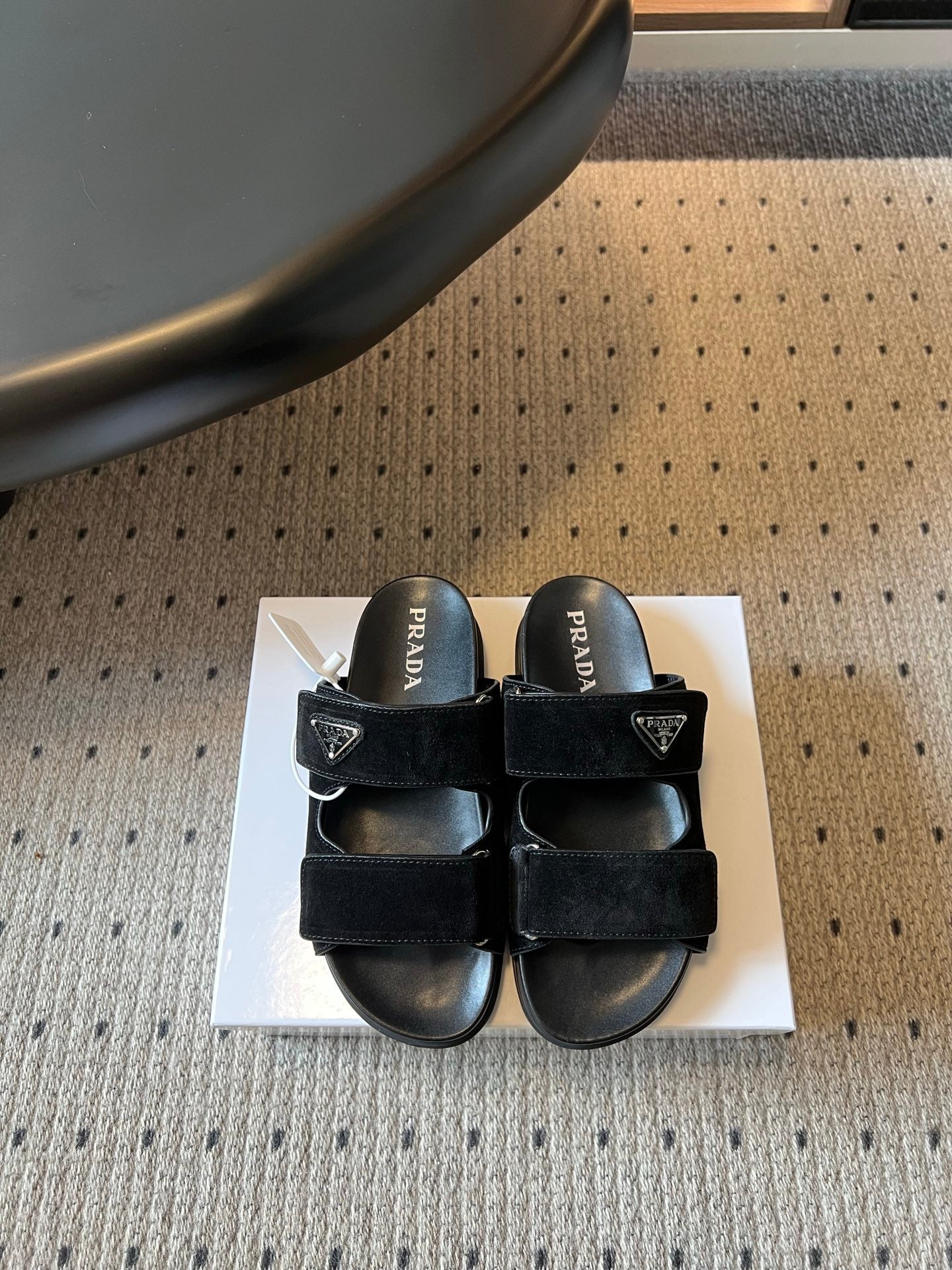 PRADA 26S DOUBLE STRAP SLIDES 35MM IN BLACK SUEDE