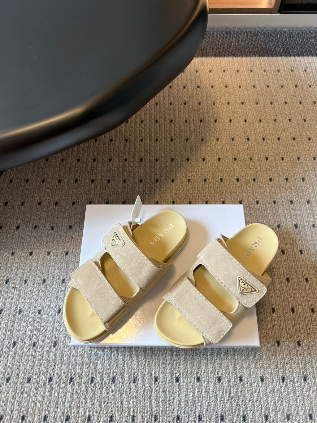 PRADA 26S DOUBLE STRAP SLIDES 35MM IN BEIGE SUEDE