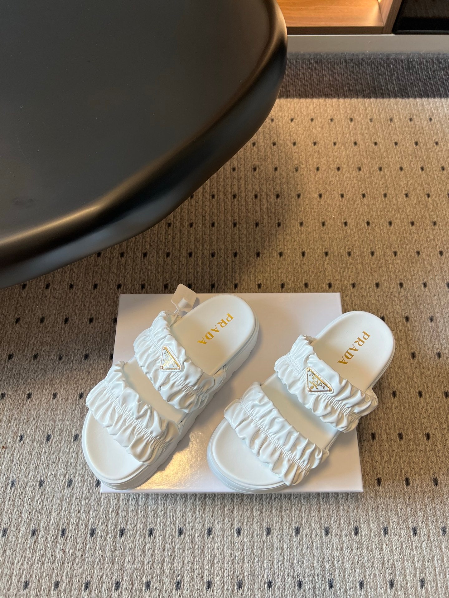 PRADA 26S RUCHED DOUBLE STRAP PLATFORM SLIDES 55MM IN WHITE CALFSKIN