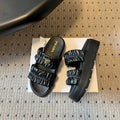 PRADA 26S RUCHED DOUBLE STRAP PLATFORM SLIDES 55MM IN BLACK CALFSKIN