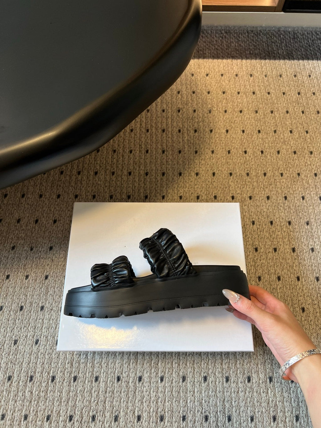 PRADA 26S RUCHED DOUBLE STRAP PLATFORM SLIDES 55MM IN BLACK CALFSKIN