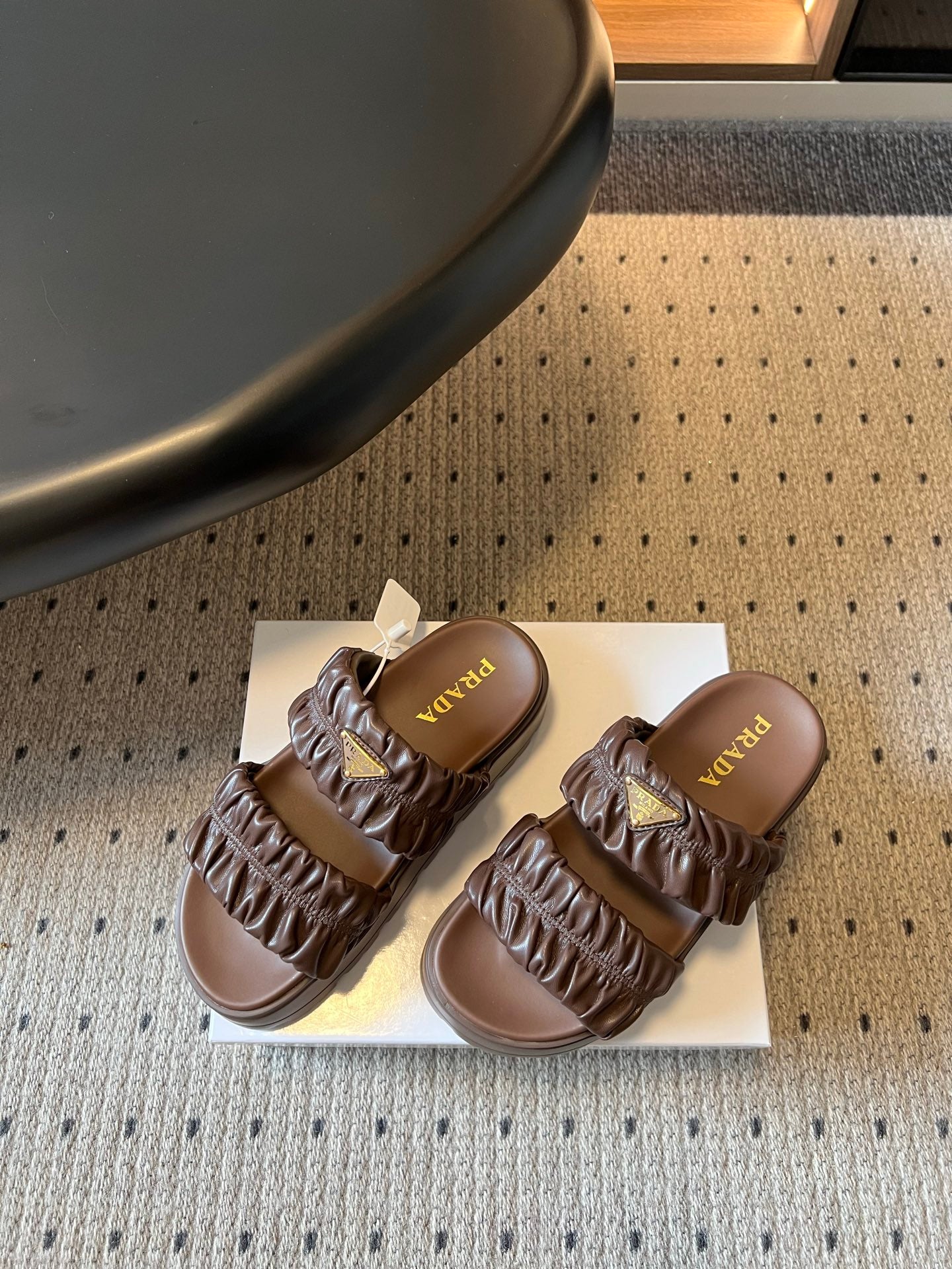 PRADA 26S RUCHED DOUBLE STRAP PLATFORM SLIDES 55MM IN DARK BROWN CALFSKIN