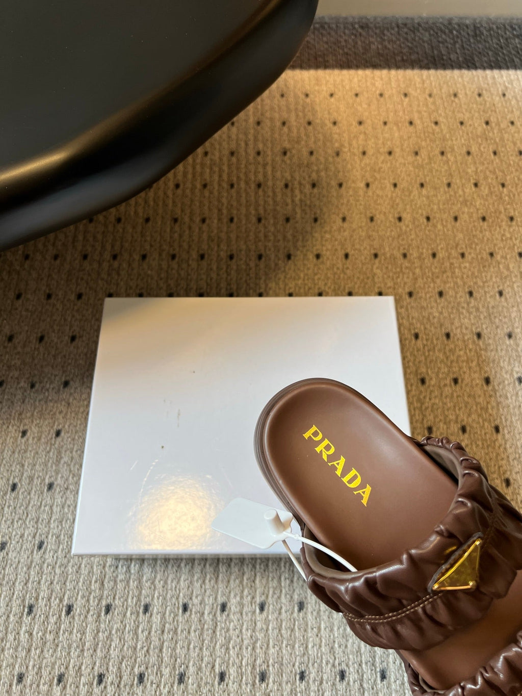 PRADA 26S RUCHED DOUBLE STRAP PLATFORM SLIDES 55MM IN DARK BROWN CALFSKIN