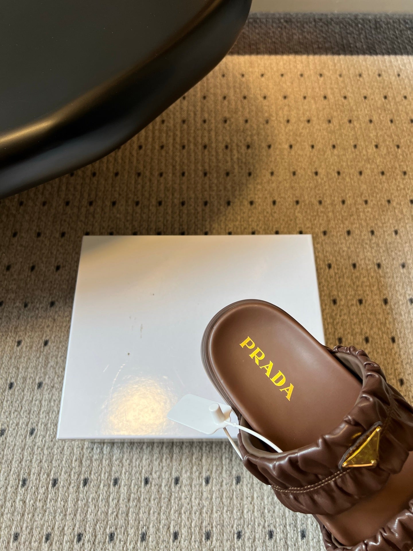 PRADA 26S RUCHED DOUBLE STRAP PLATFORM SLIDES 55MM IN DARK BROWN CALFSKIN