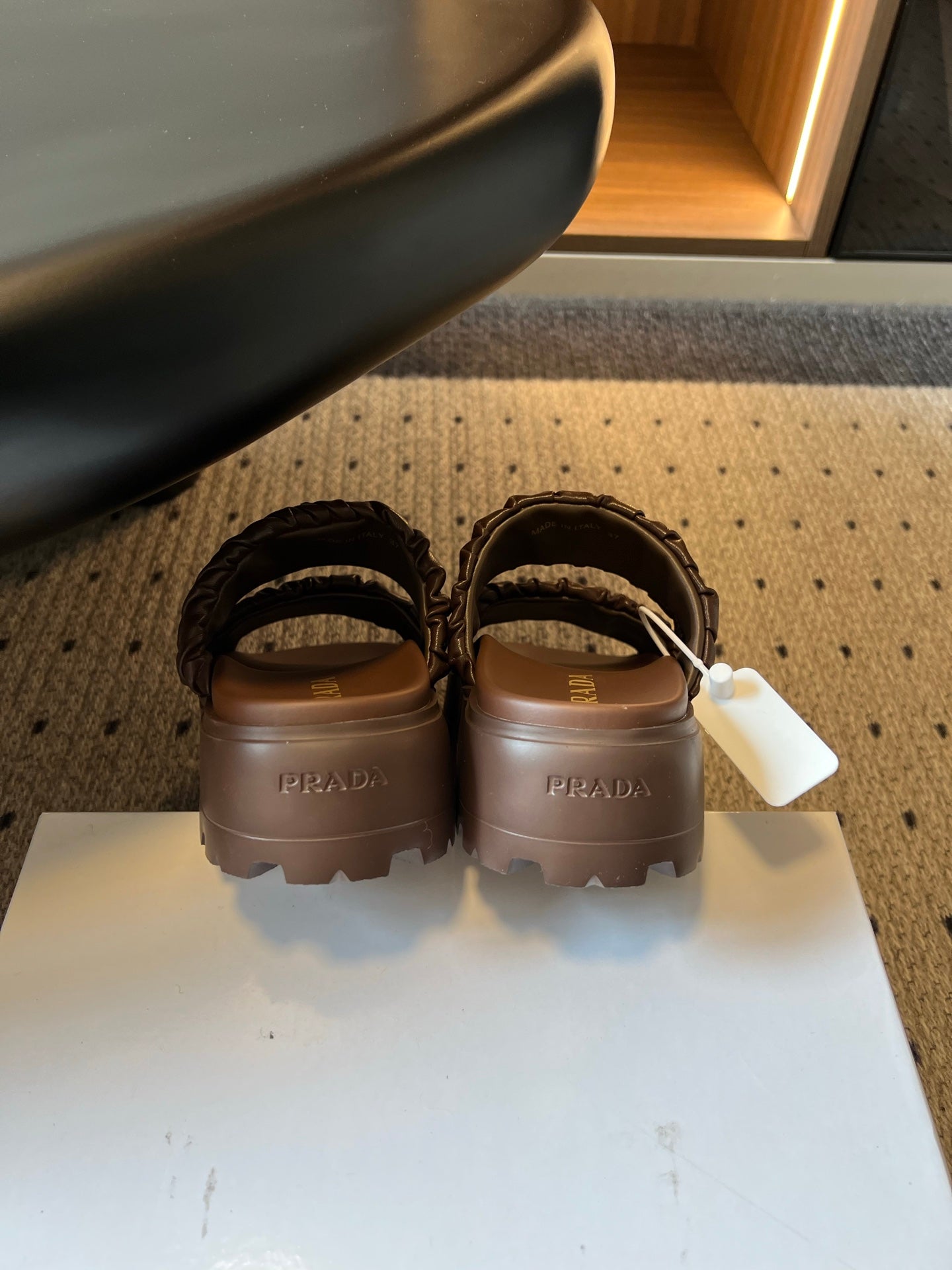 PRADA 26S RUCHED DOUBLE STRAP PLATFORM SLIDES 55MM IN DARK BROWN CALFSKIN