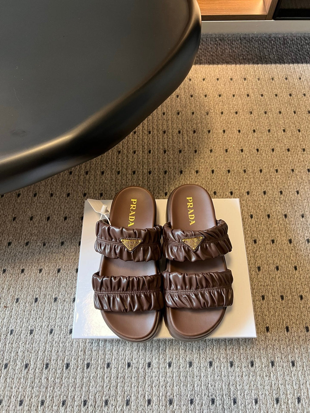 PRADA 26S RUCHED DOUBLE STRAP PLATFORM SLIDES 55MM IN DARK BROWN CALFSKIN