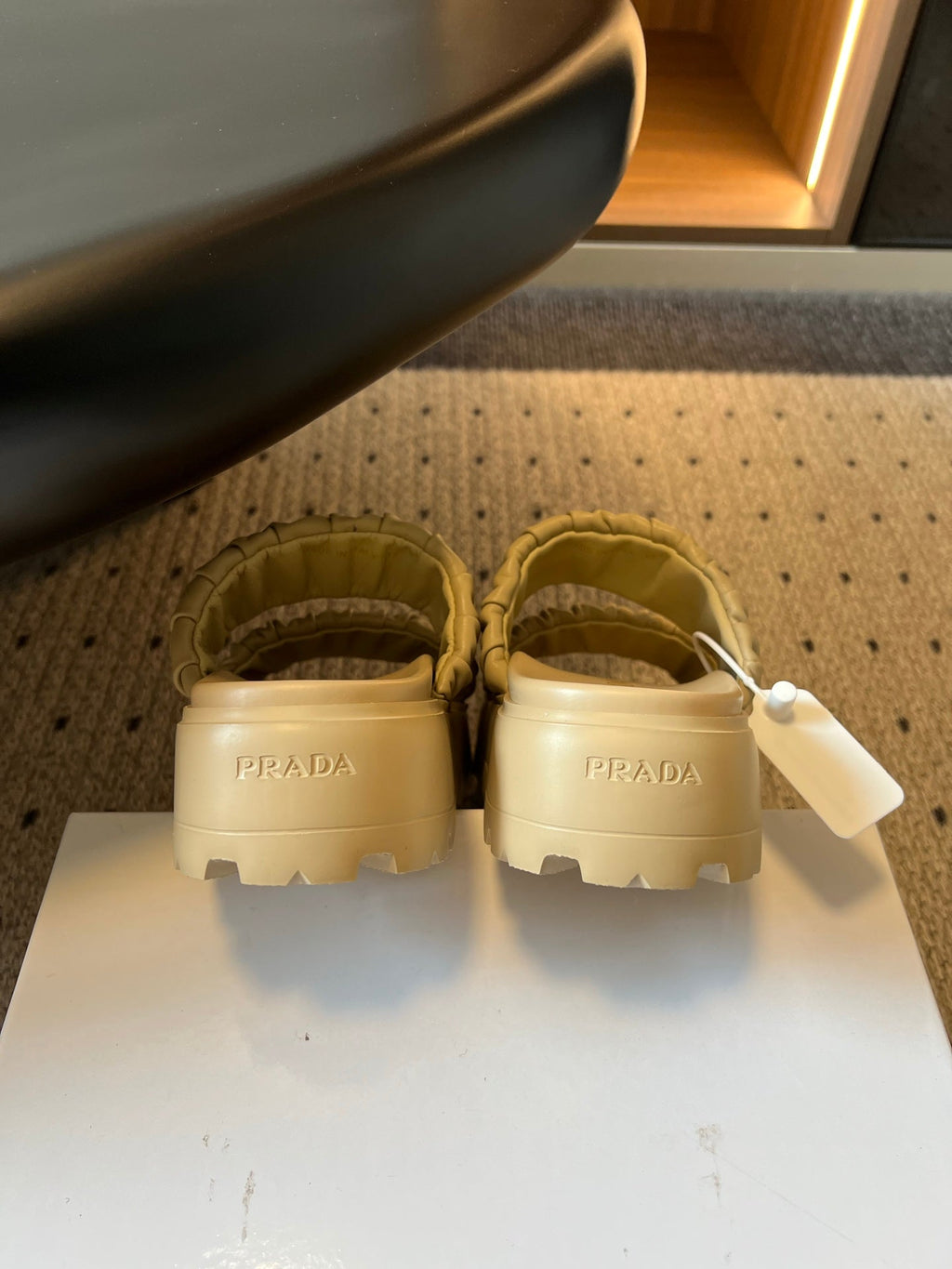 PRADA 26S RUCHED DOUBLE STRAP PLATFORM SLIDES 55MM IN BEIGE CALFSKIN