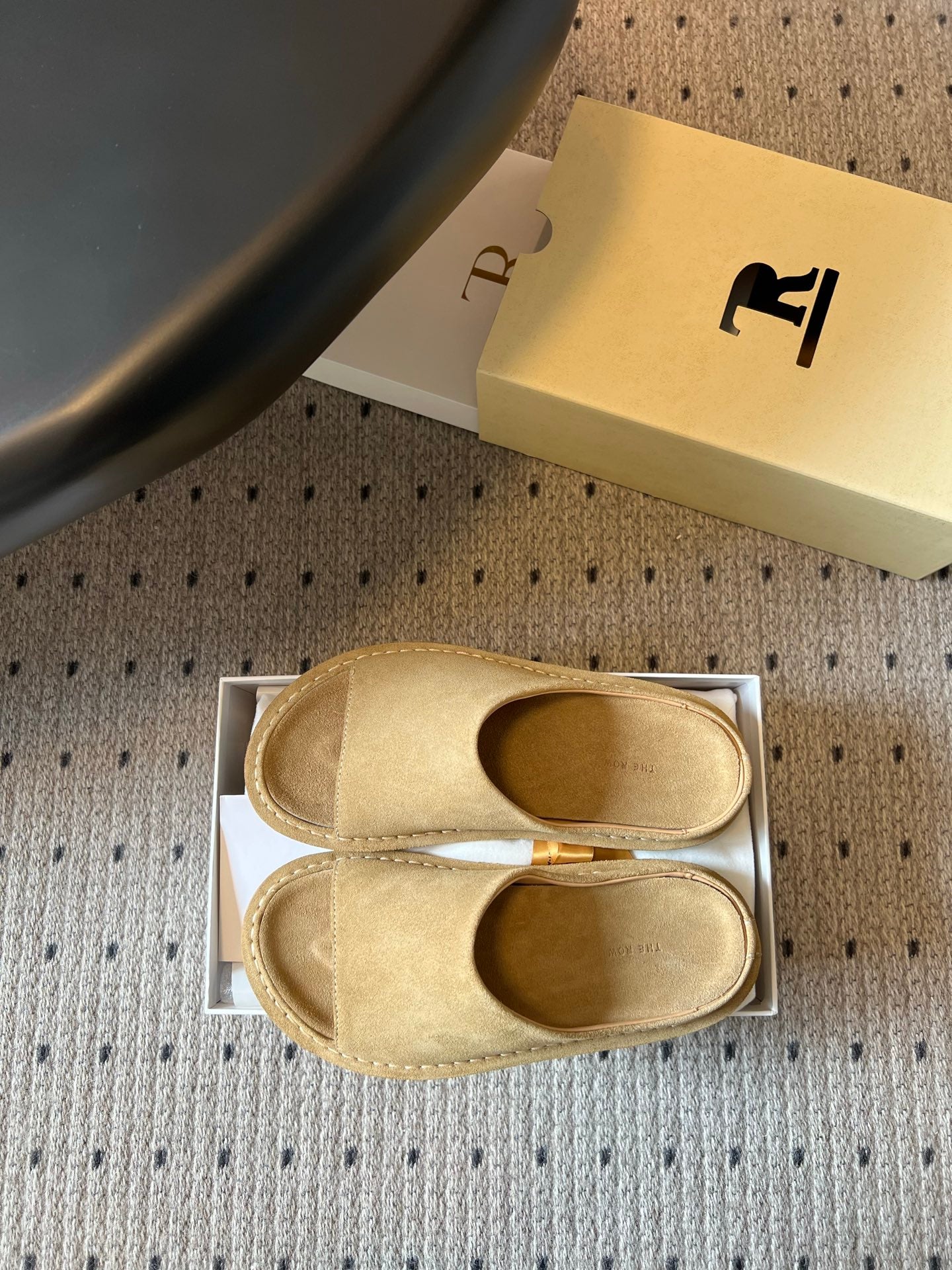 THE ROW 26S OPEN TOE MULES IN SAND BROWN SUEDE