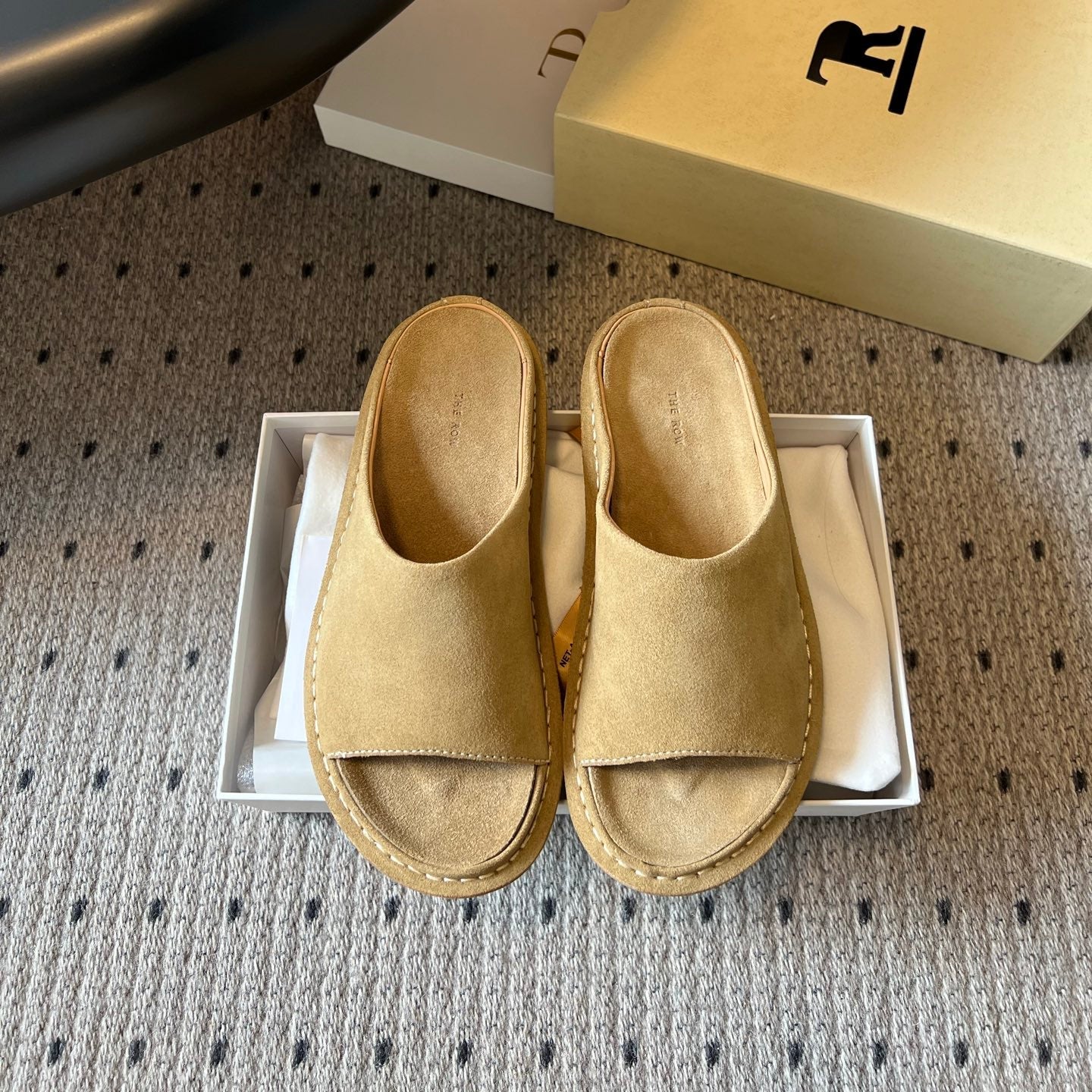 THE ROW 26S OPEN TOE MULES IN SAND BROWN SUEDE