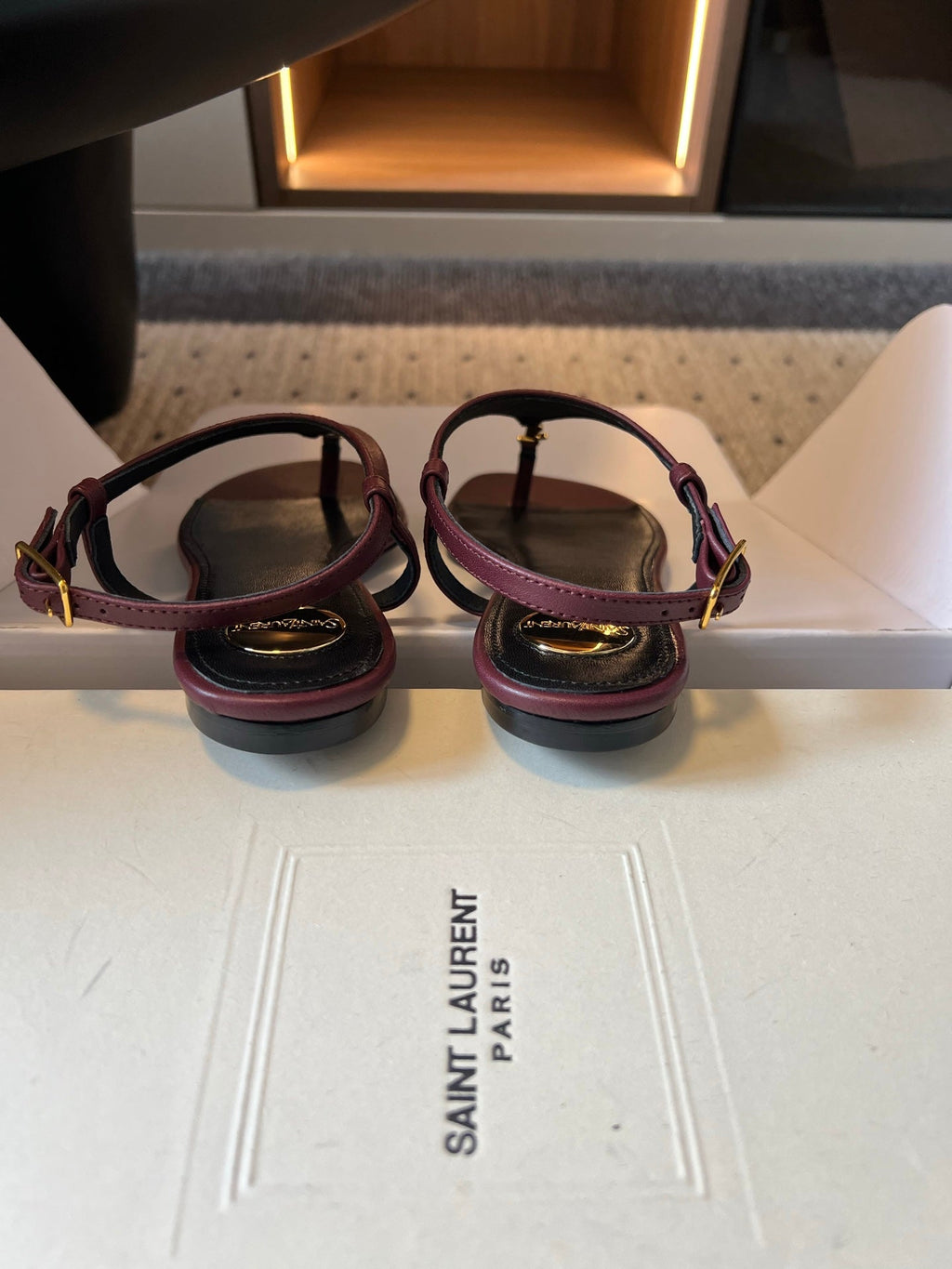 YSL 26S WIDE-STRAP THONG SANDALS IN DARK RED CALFSKIN
